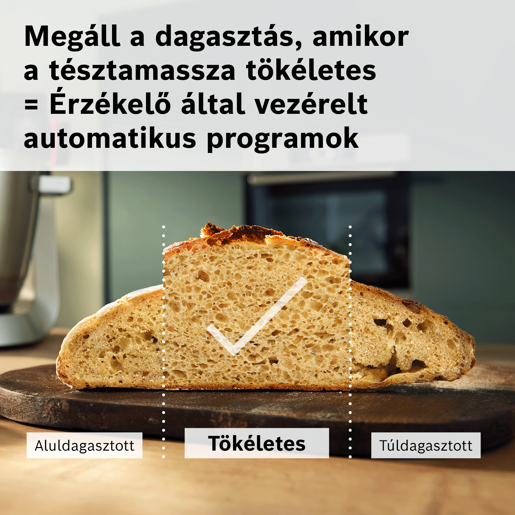 Egy vágott cipó egy deszkán, az aluldagasztott, tökéletes és túldagasztott textúrákat hasonlítja össze magyar szöveggel.