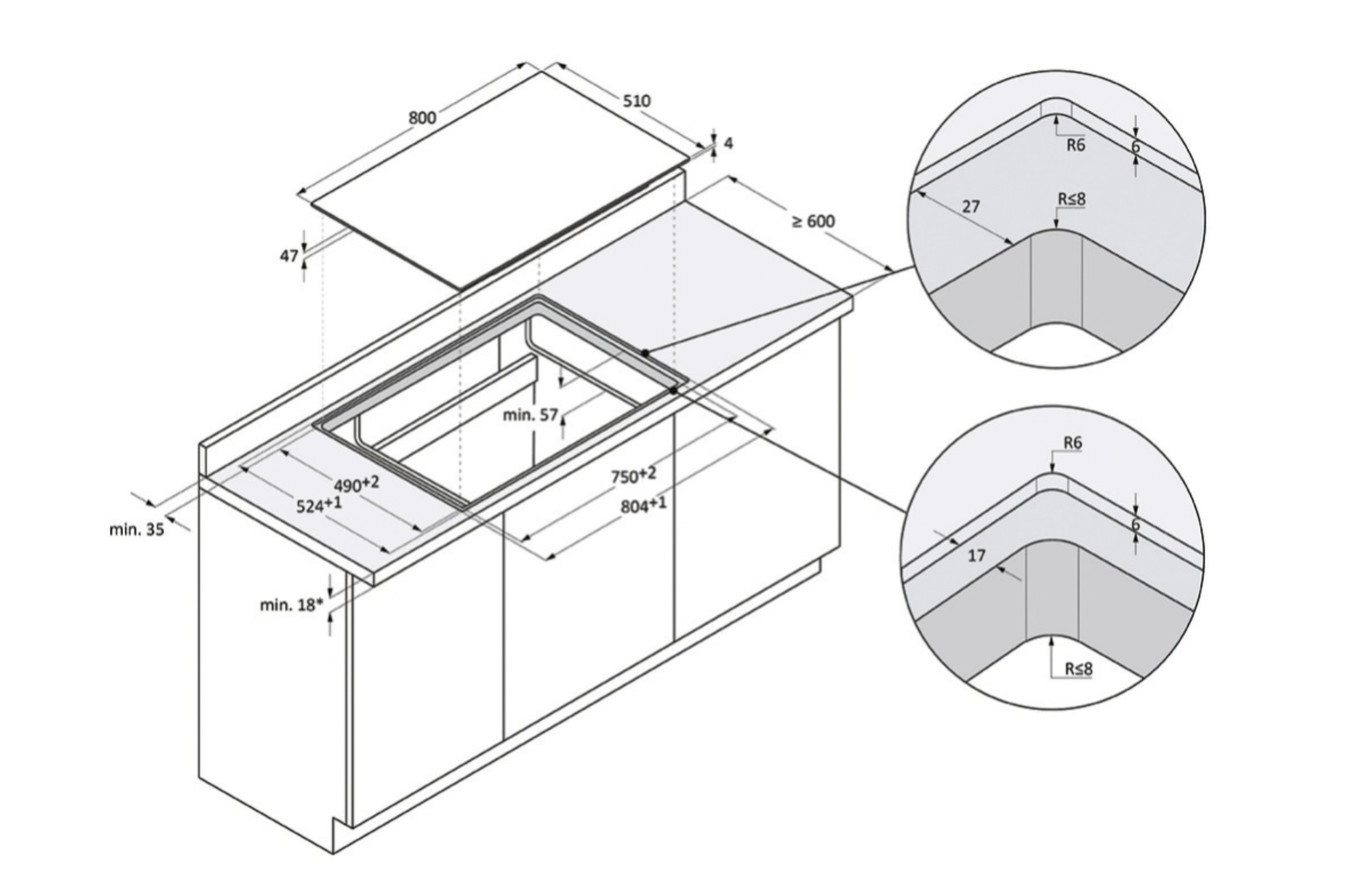 Dibujo técnico de una encimera de cocina con dimensiones de instalación y detalles.