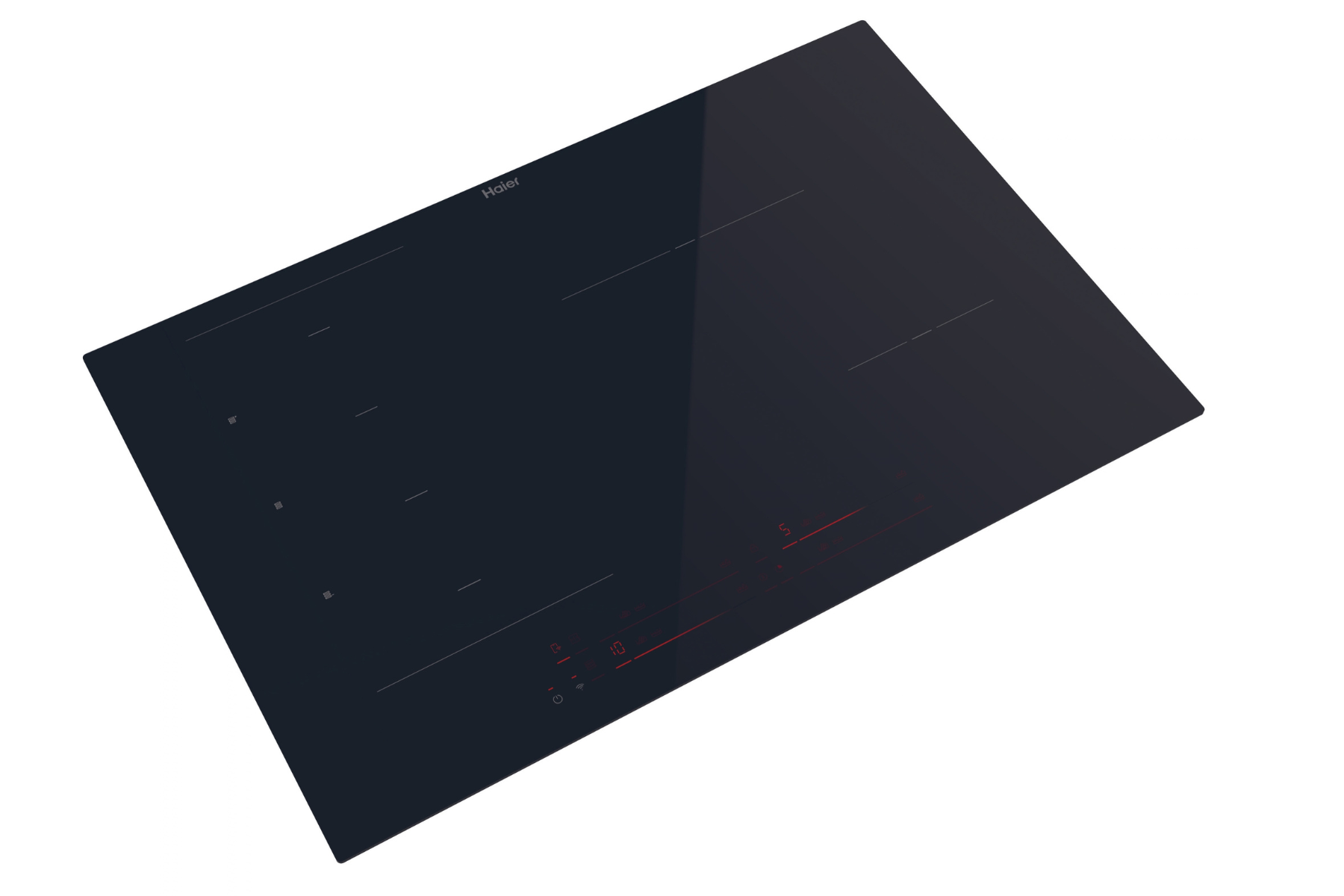 Una placa de inducción Haier negra con controles táctiles y pantallas LED rojas sobre fondo blanco.
