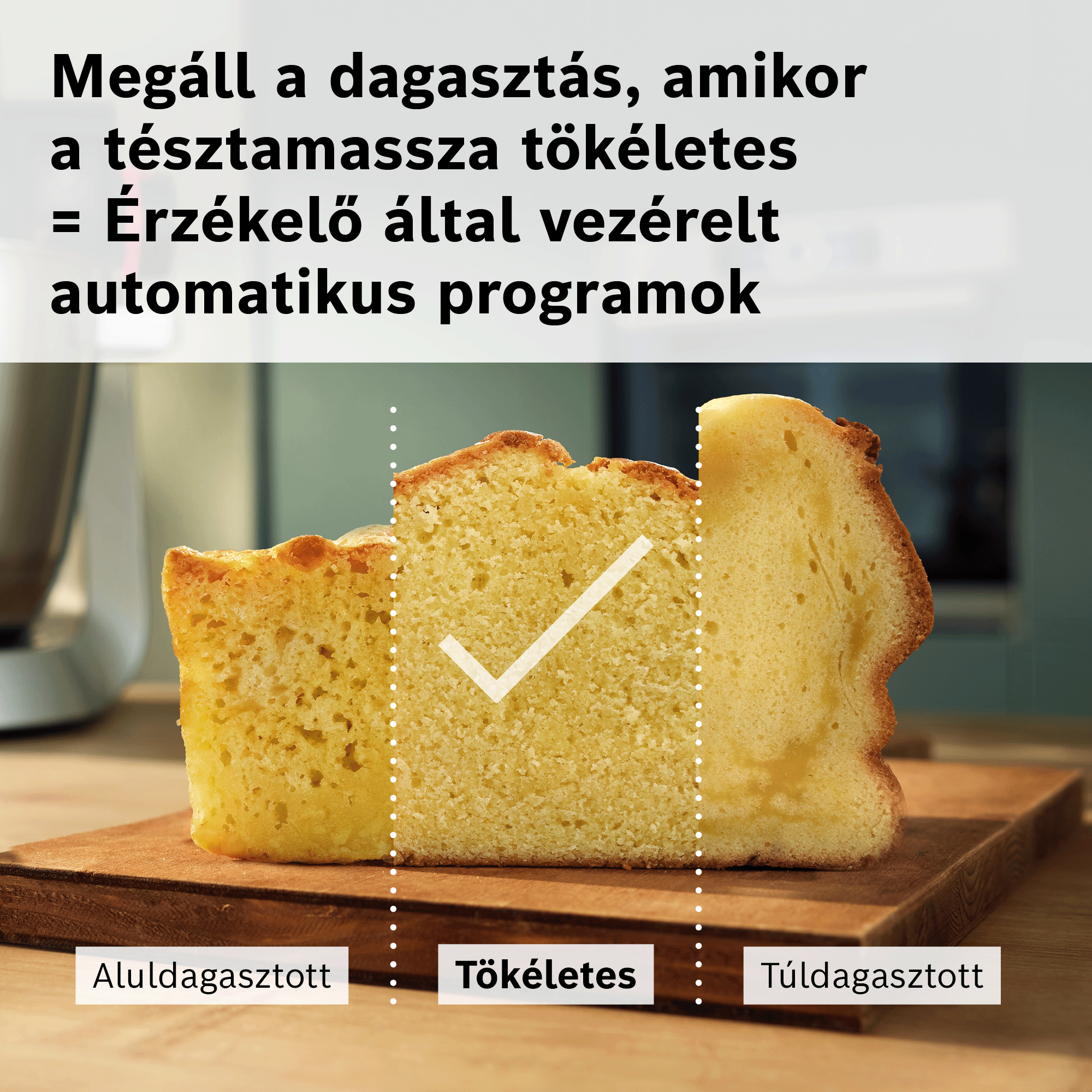 Aluldagasztott, tökéletes és túldagasztott tészta összehasonlítása egy fa vágódeszkán, felirattal.