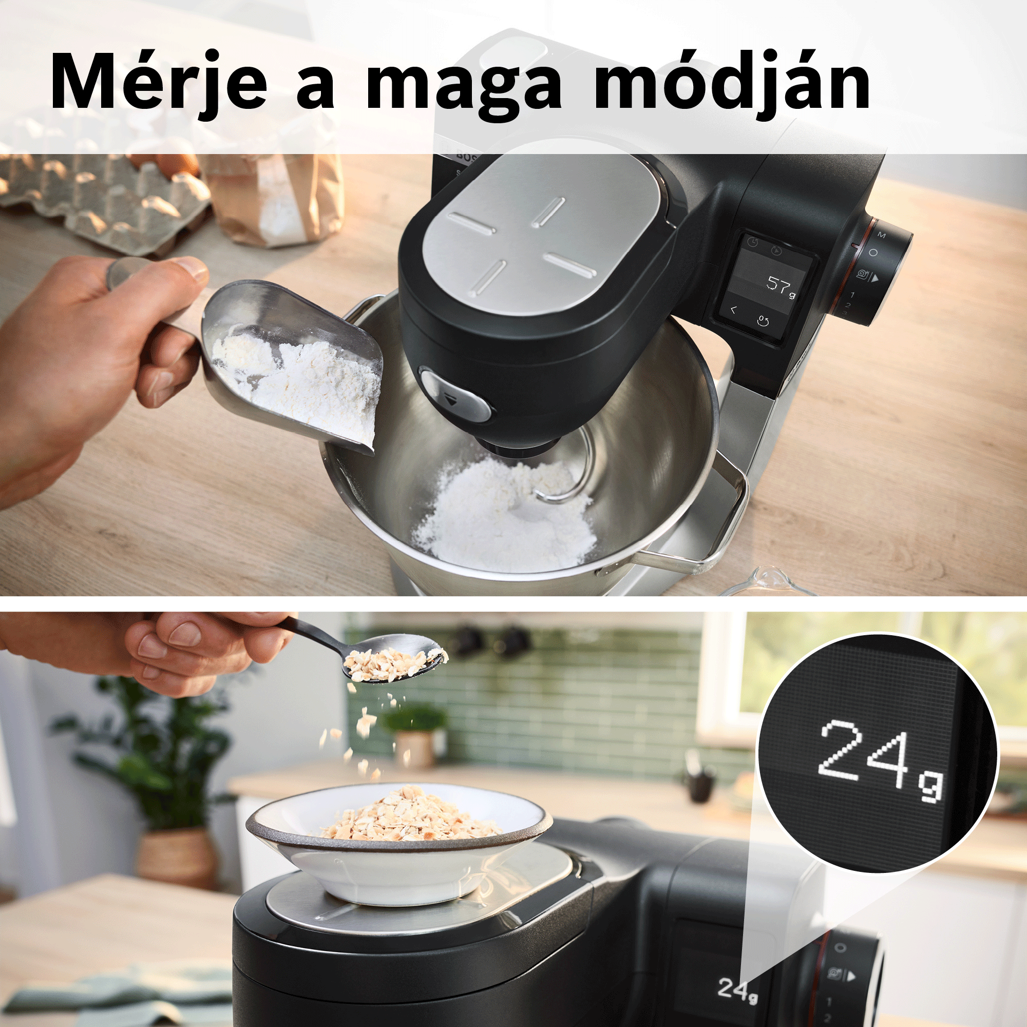 Egy kéz lisztet önt a beépített mérleggel rendelkező konyhai gép táljába.
