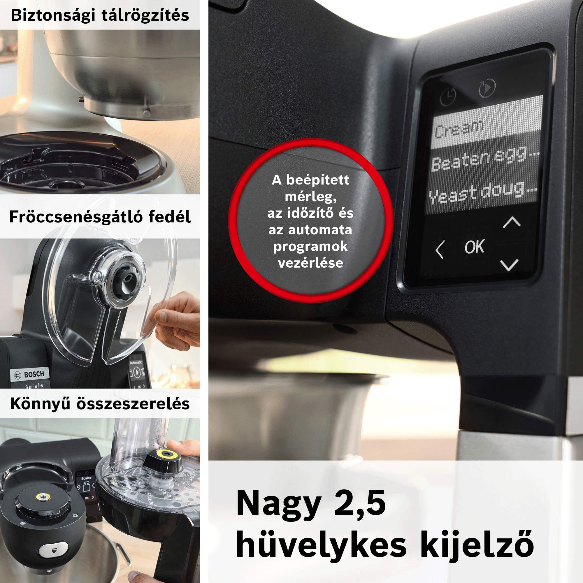 Bosch konyhai gép digitális kijelzővel és tartozékokkal.