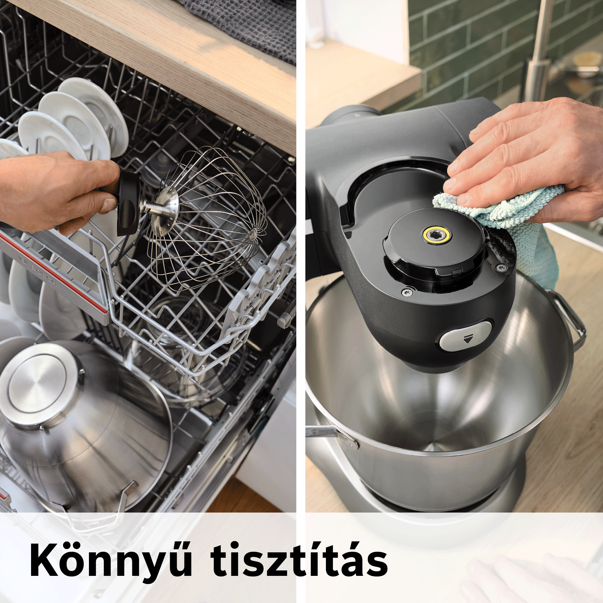 Könnyű tisztítás: mosogatógépben mosható habverő és könnyen letörölhető konyhai gép.