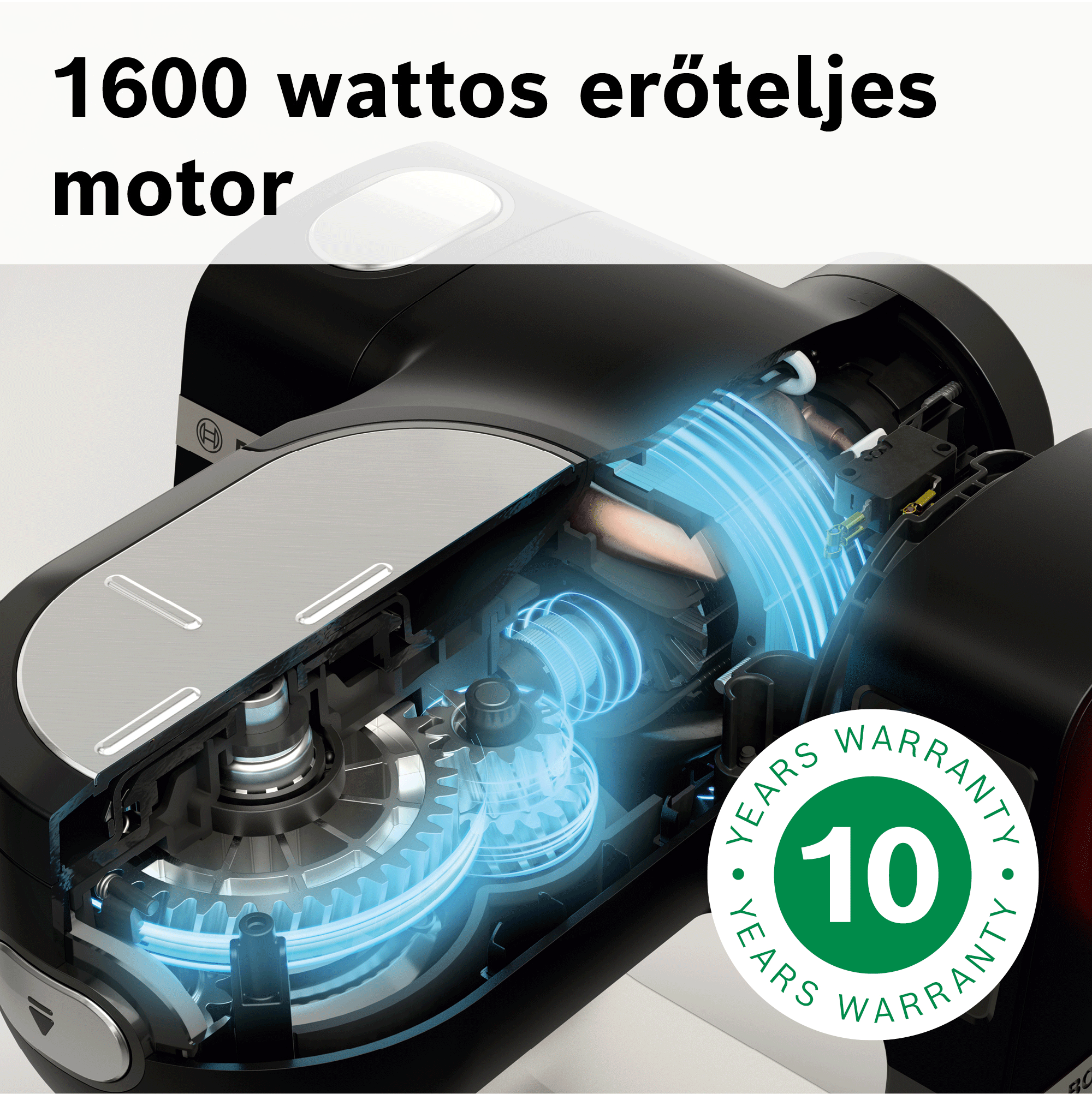 Egy erős, 1600 wattos fekete konyhai gép keresztmetszete belső fogaskerekekkel és 10 év garanciával.