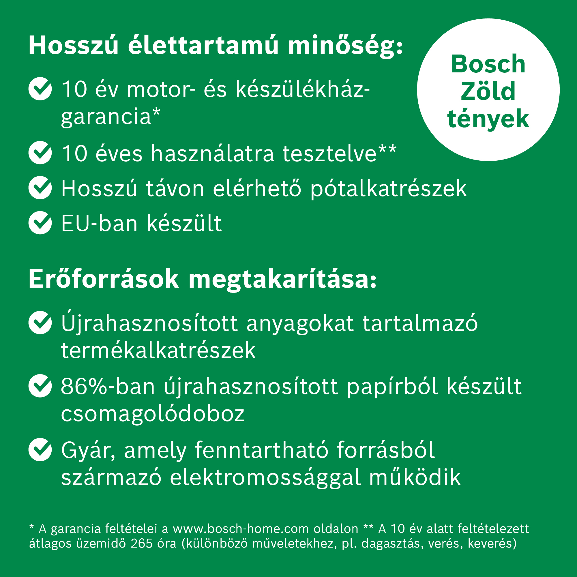 Zöld infografika a Bosch fenntarthatósági tényeiről szöveggel és pipákkal.