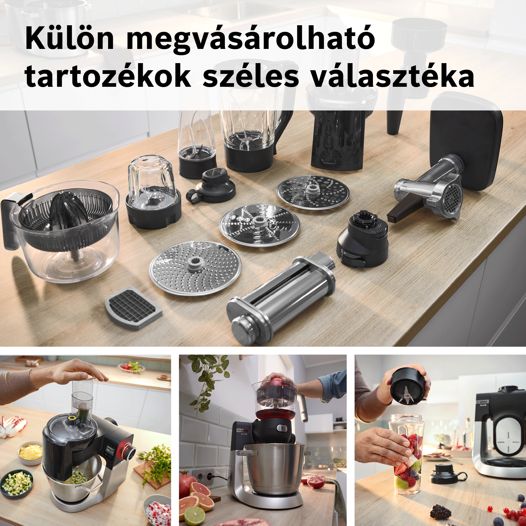 Különböző konyhai robotgép tartozékok fa munkalapon, beleértve a feltéteket és reszelőket.