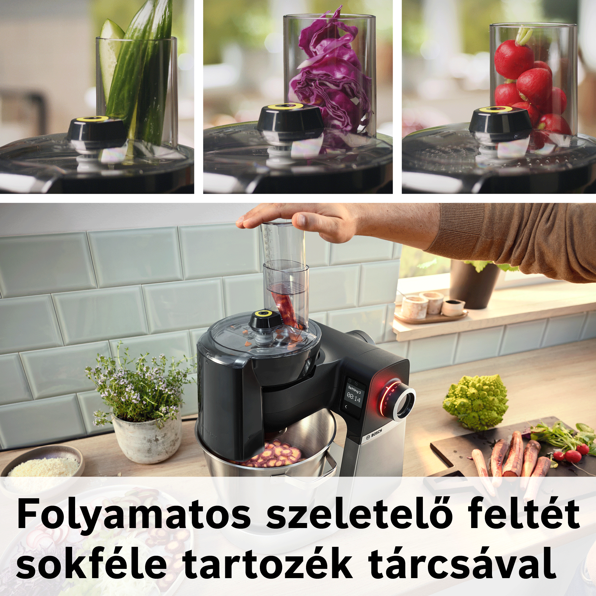 Egy Bosch konyhai gép zöldséget szeletel egy csempézett falú, modern konyhában.