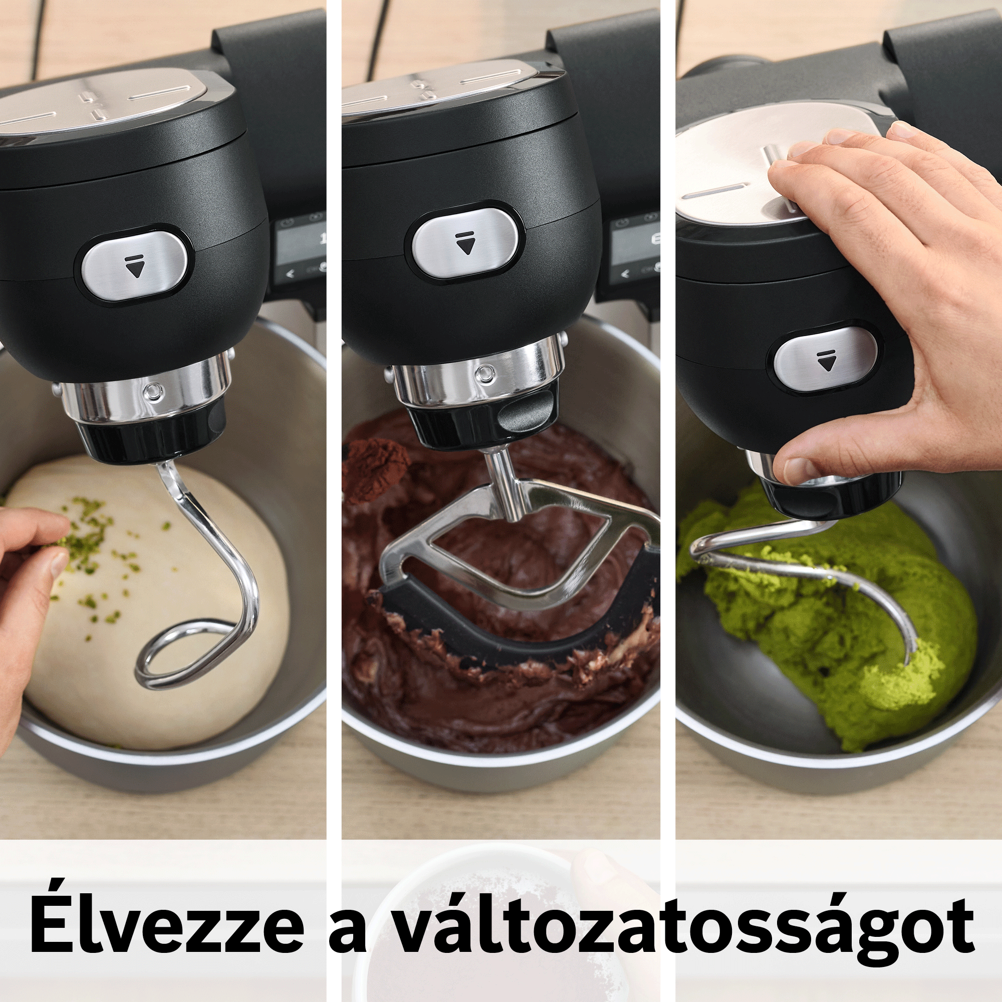 Hárompaneles kép egy fekete konyhai robotgépről tésztakeverővel és különböző tésztákkal.
