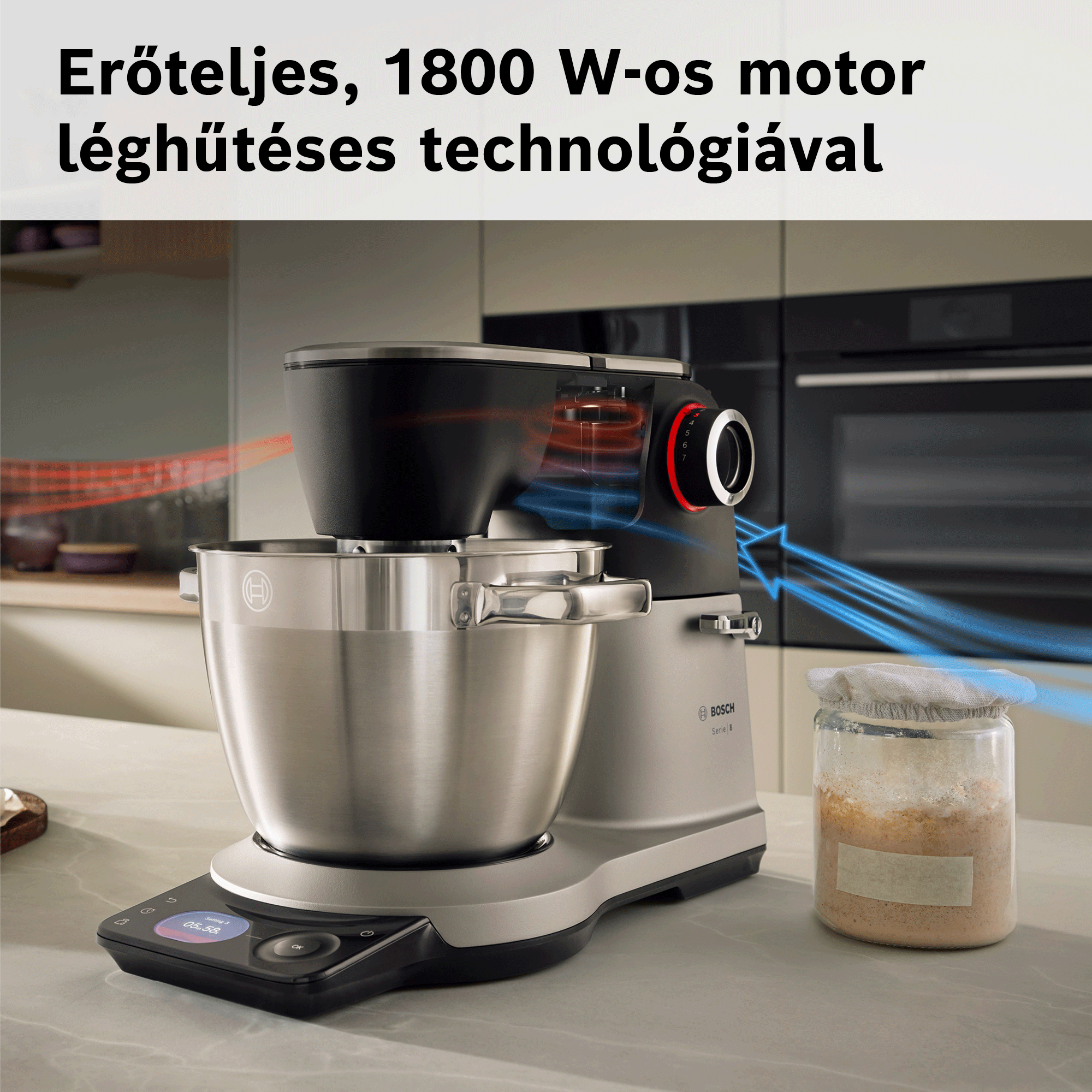 Bosch konyhai gép modern konyhában, kék és piros légáramlási diagrammal és szöveggel.
