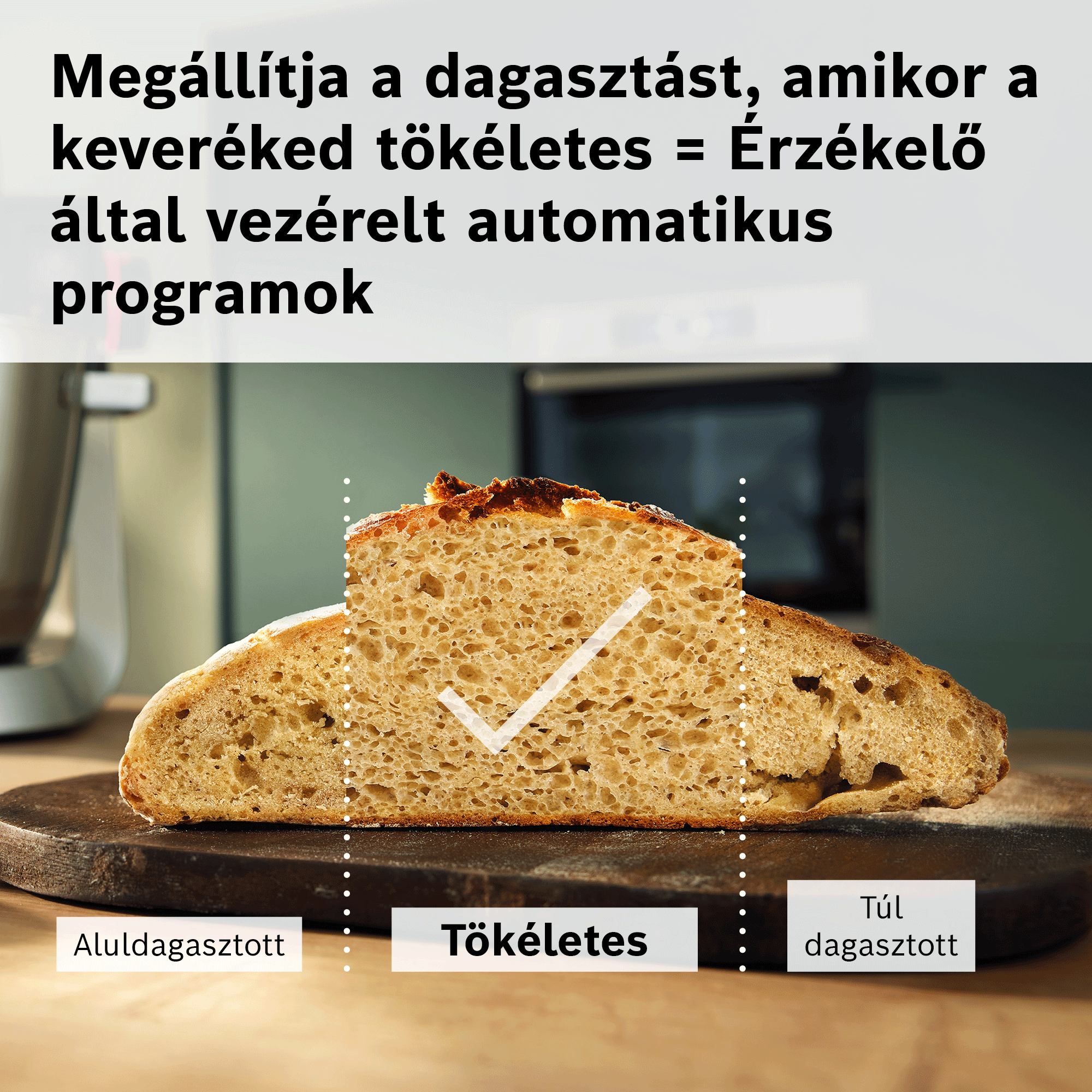 Kenyér keresztmetszet alulkevert, tökéletes és túl kevert állaggal, magyar nyelvű felirattal.