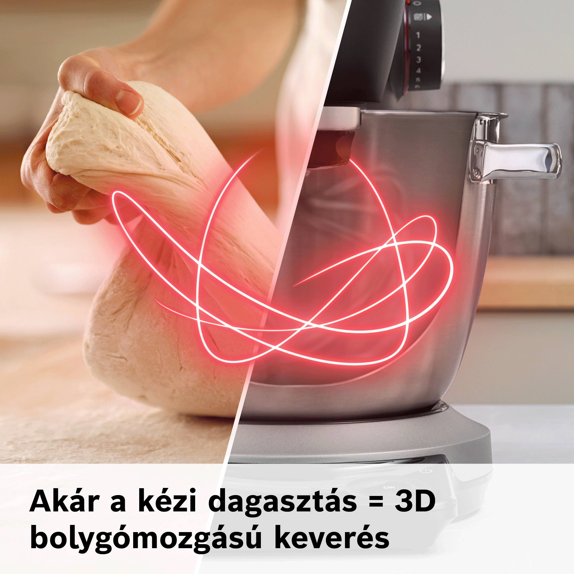 Kézi dagasztás és konyhai robotgép összehasonlítása piros fénnyel.