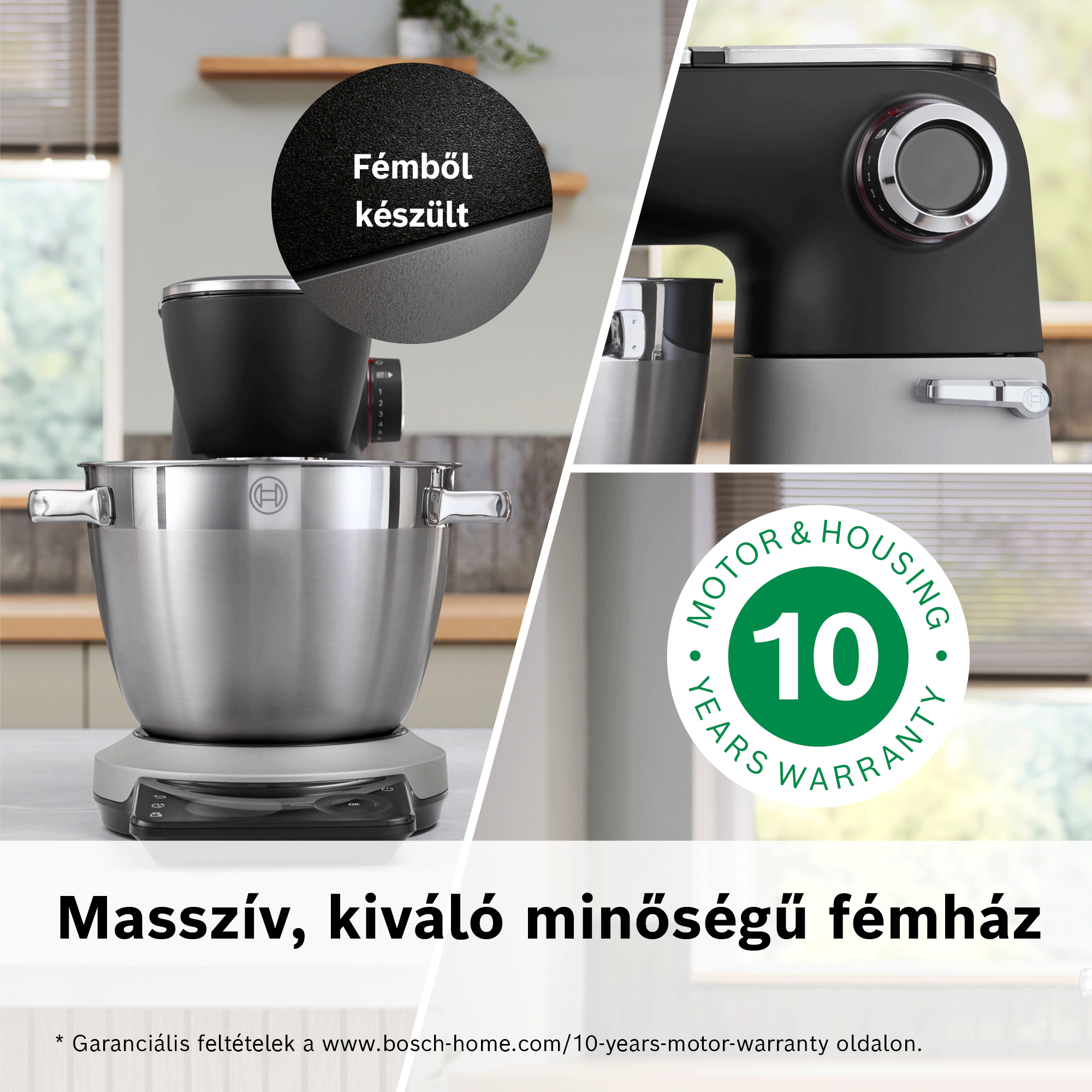 Szürke Bosch konyhai gép fém házzal és tízéves garancia logóval.
