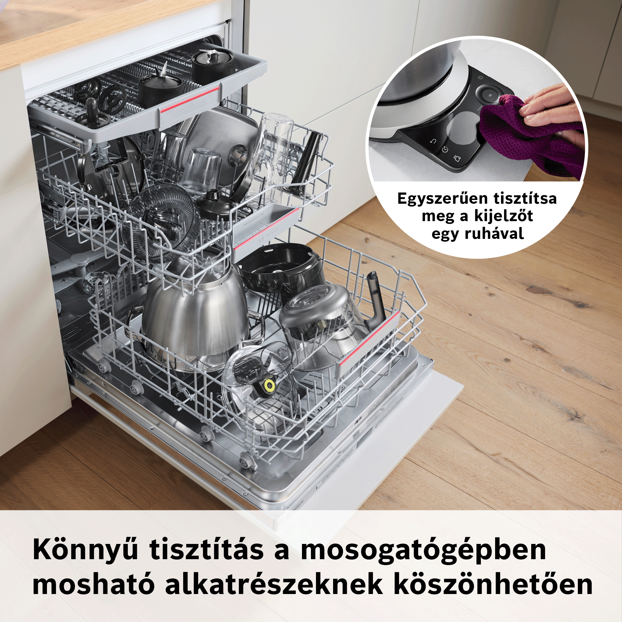 Nyitott mosogatógép edényekkel; a kis körben a kijelző törlése látható.