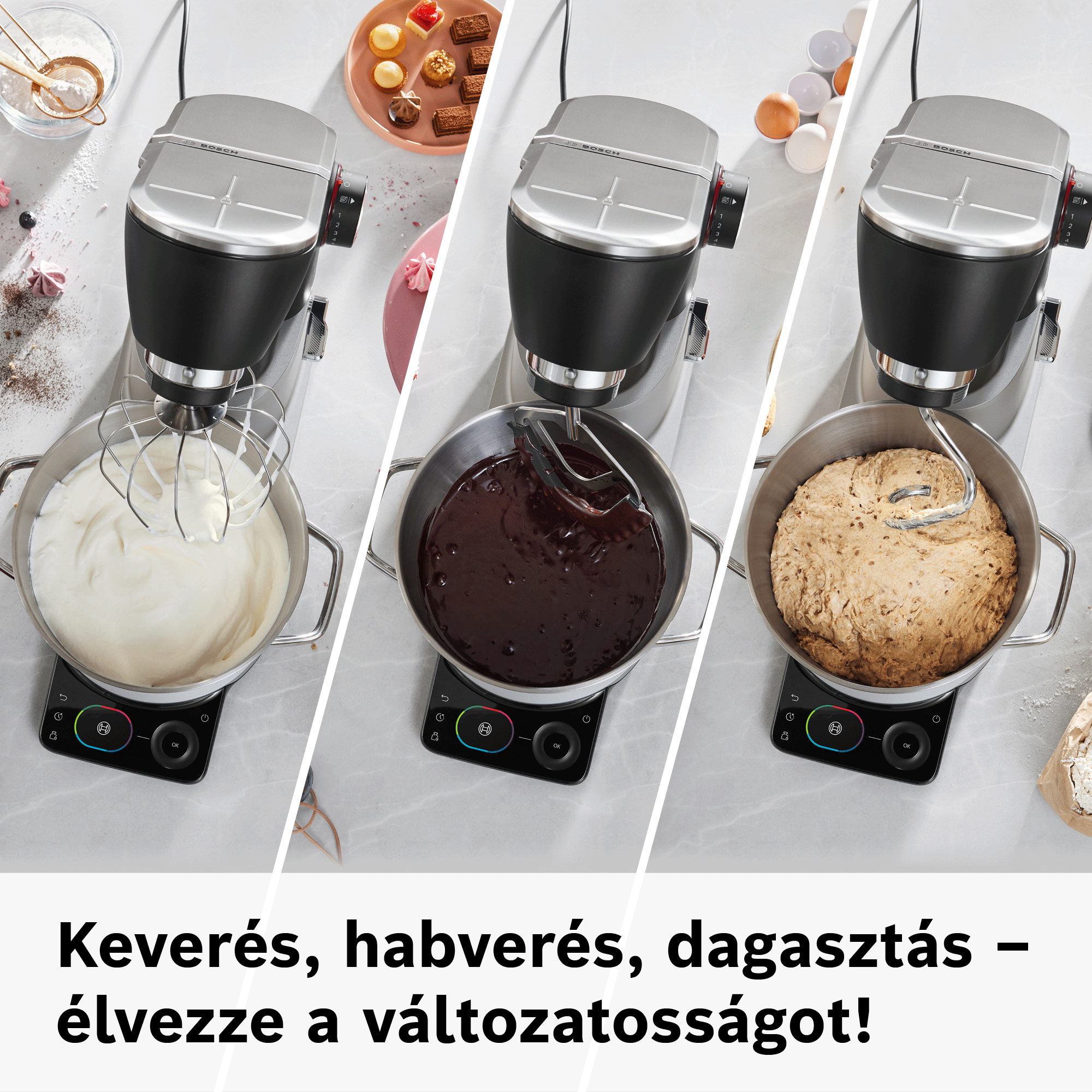 Három Bosch konyhai robotgép különböző tartozékokkal habveréshez, keveréshez és tésztadagasztáshoz.