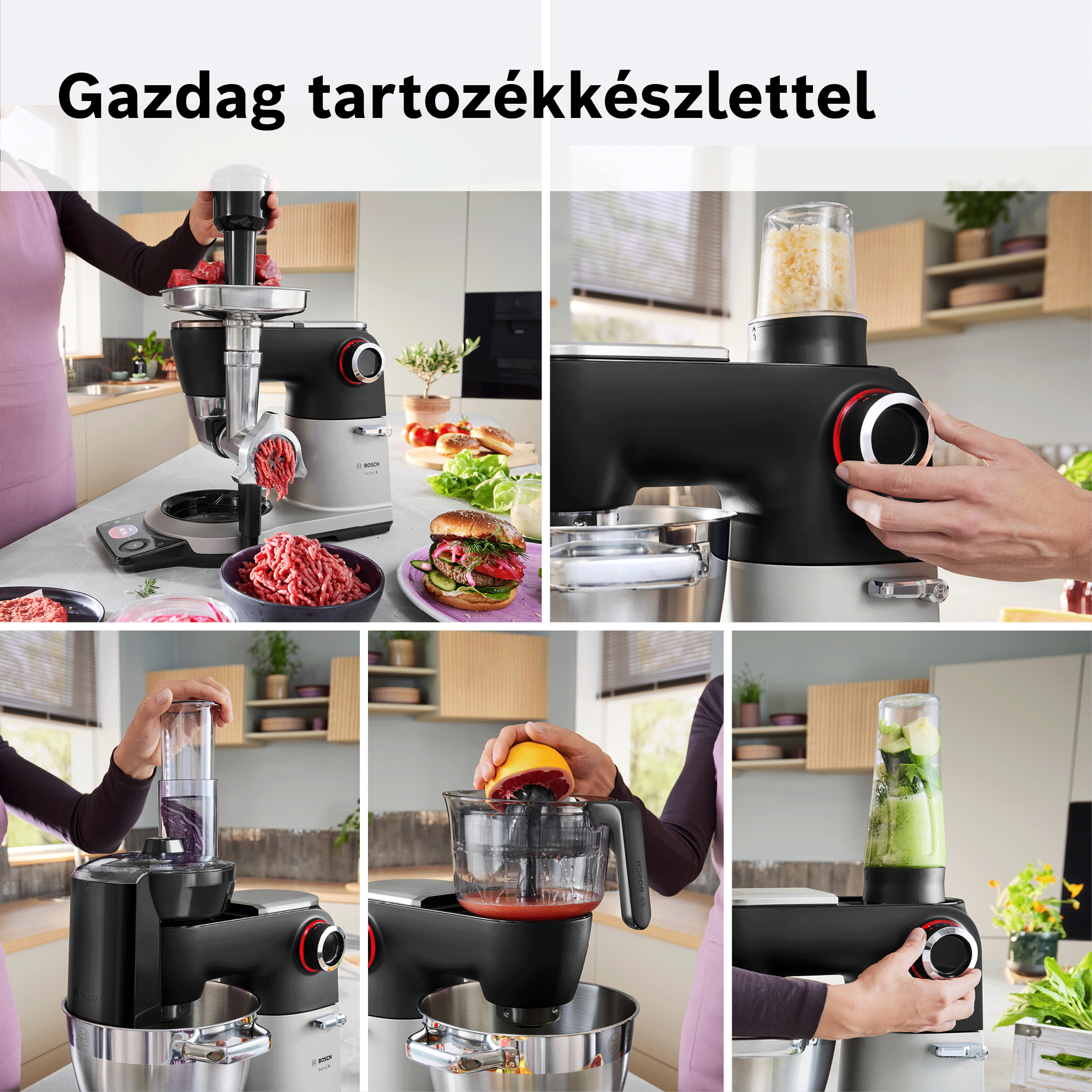 Egy Bosch konyhai gép különféle tartozékokkal hús, gyümölcslé, smoothie és egyebek készítéséhez.