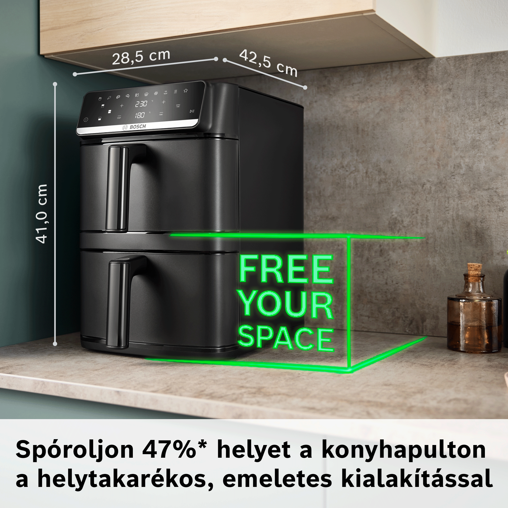 Fekete Bosch air fryer méretekkel és Free Your Space felirattal egy konyhapulton.