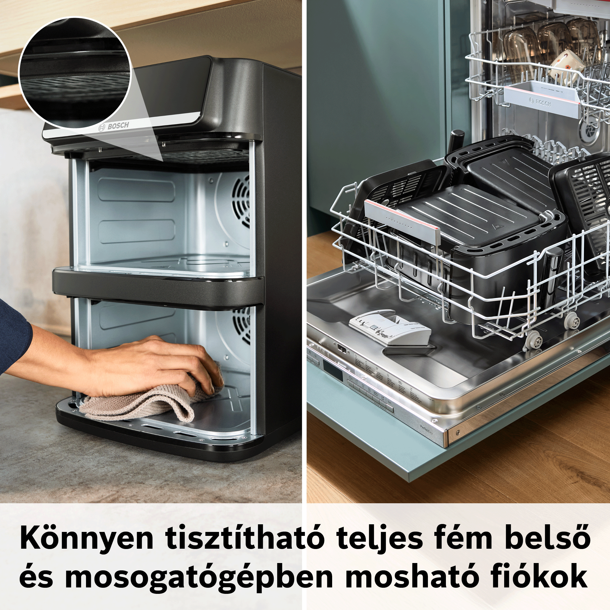 Egy Bosch készülék könnyen tisztítható fém belsőtere és mosogatógépben mosható fiókjai.