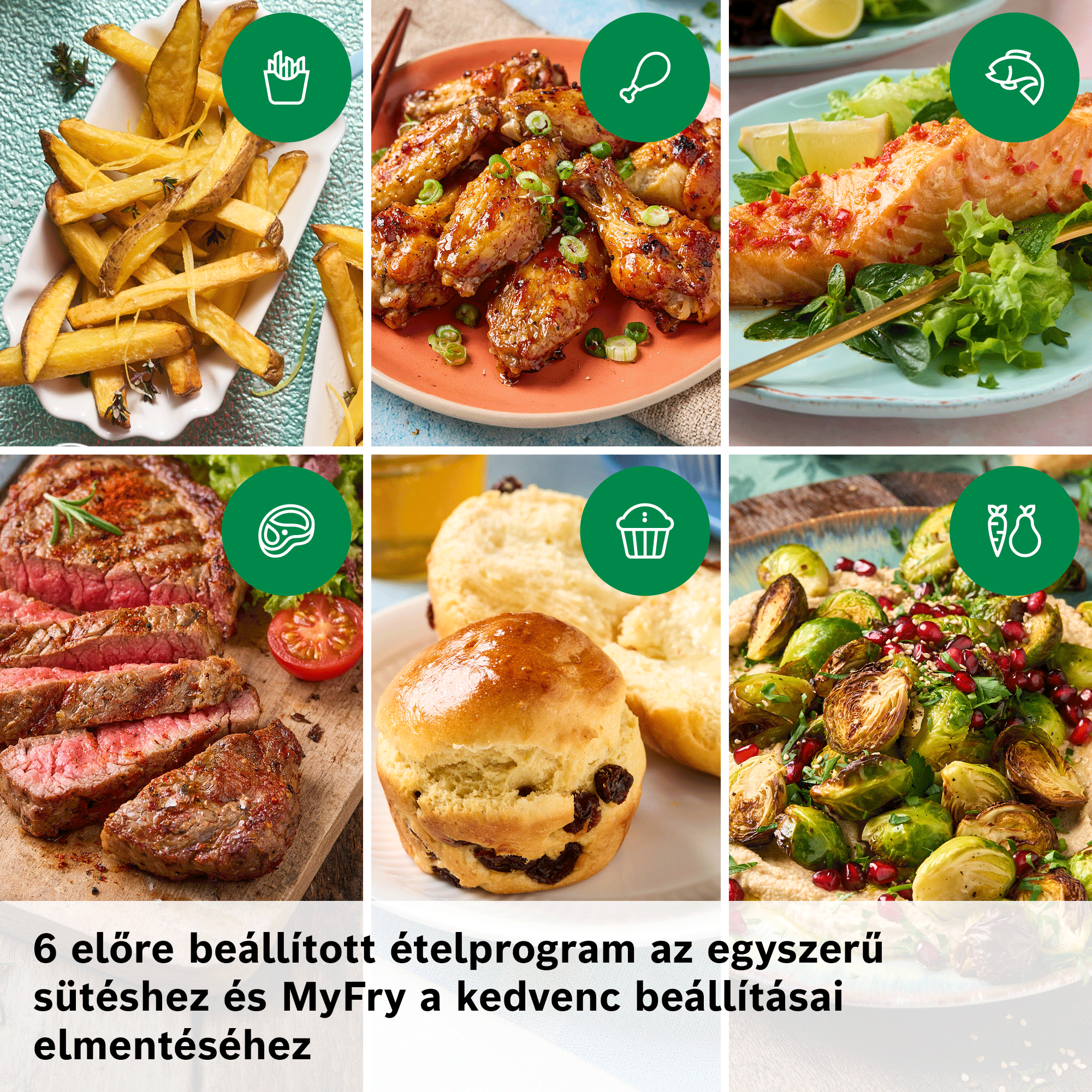Hat étel kollázsa: sült krumpli, csirkeszárnyak, lazac, steak, péksütemény és zöldségek szöveggel.