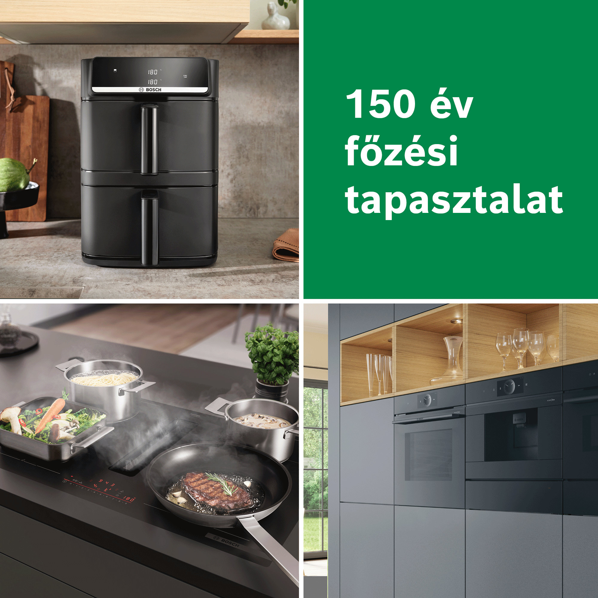 Konyhai gépek kollázsa és 150 év főzési tapasztalat felirat.