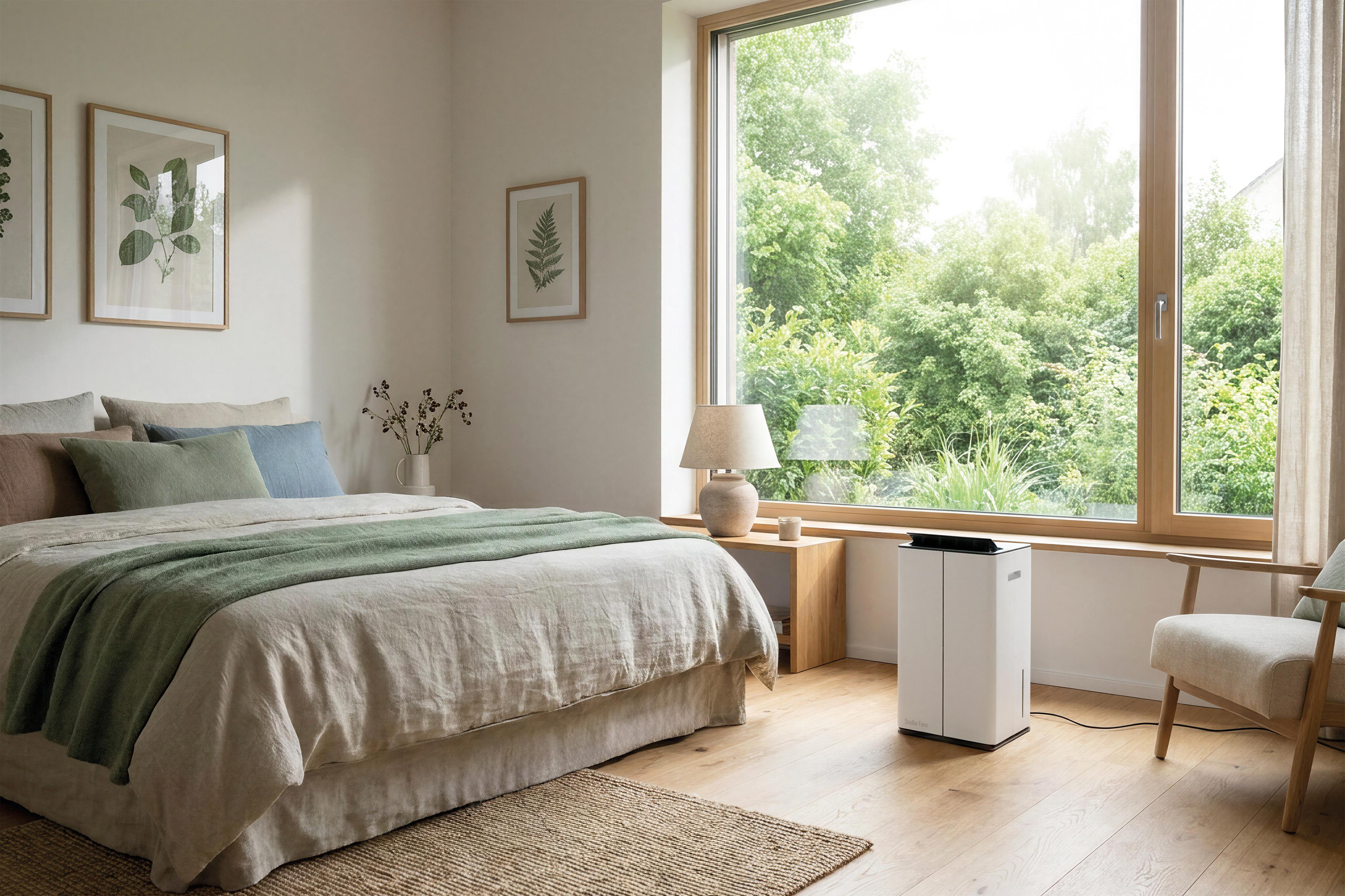 Ein helles Schlafzimmer mit einem Holzboden, großem Fenster mit Blick auf Bäume, Bett und einem weißen Luftbefeuchter.