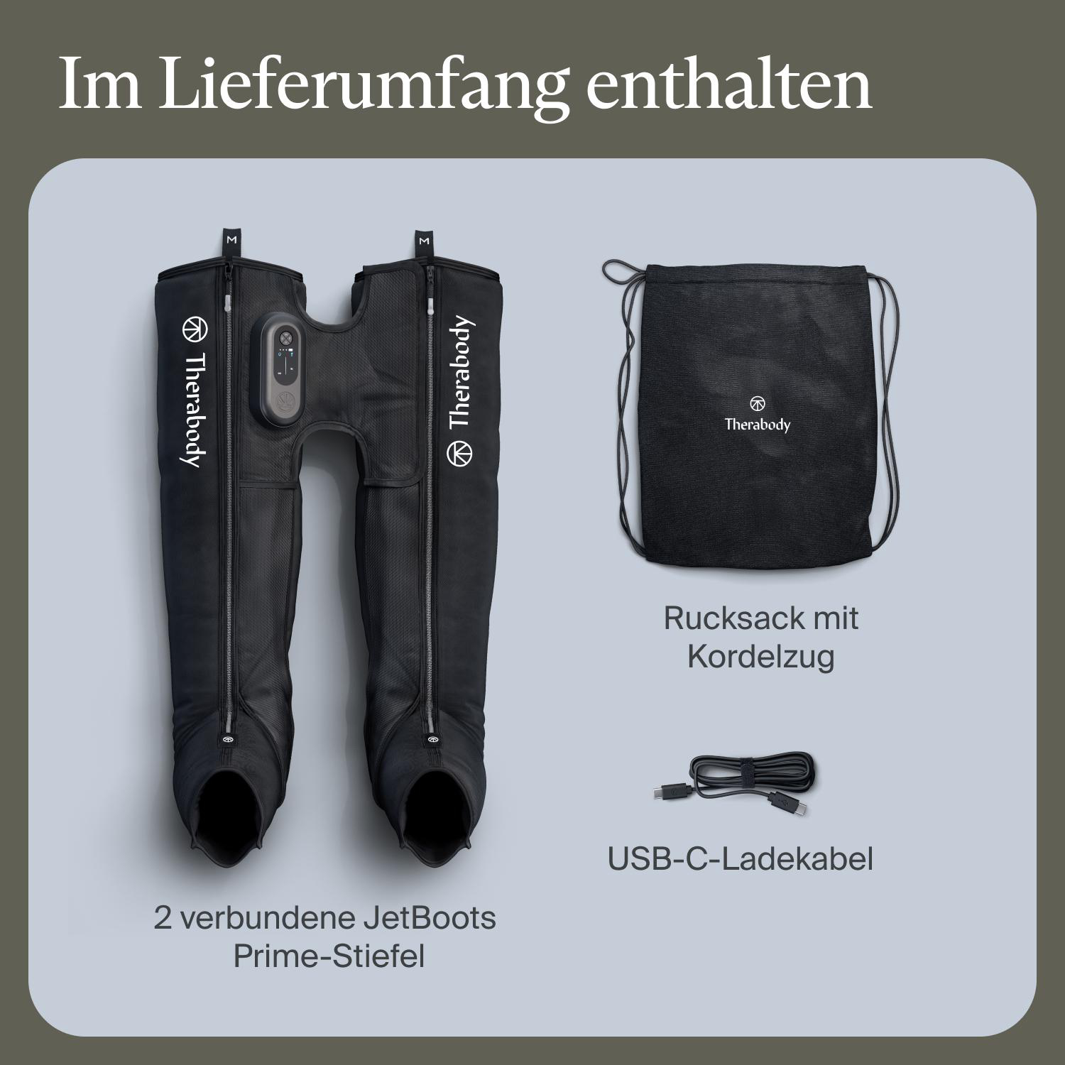 Lieferumfang: Zwei Therabody JetBoots Prime Stiefel, Rucksack mit Kordelzug und ein USB-C-Ladekabel.