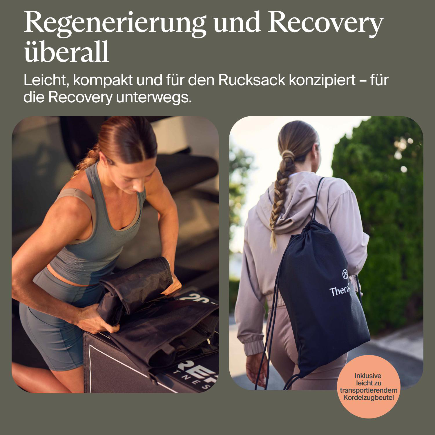 Frau rollt Fitnessmatte zusammen und trägt einen schwarzen Rucksack mit Logo.