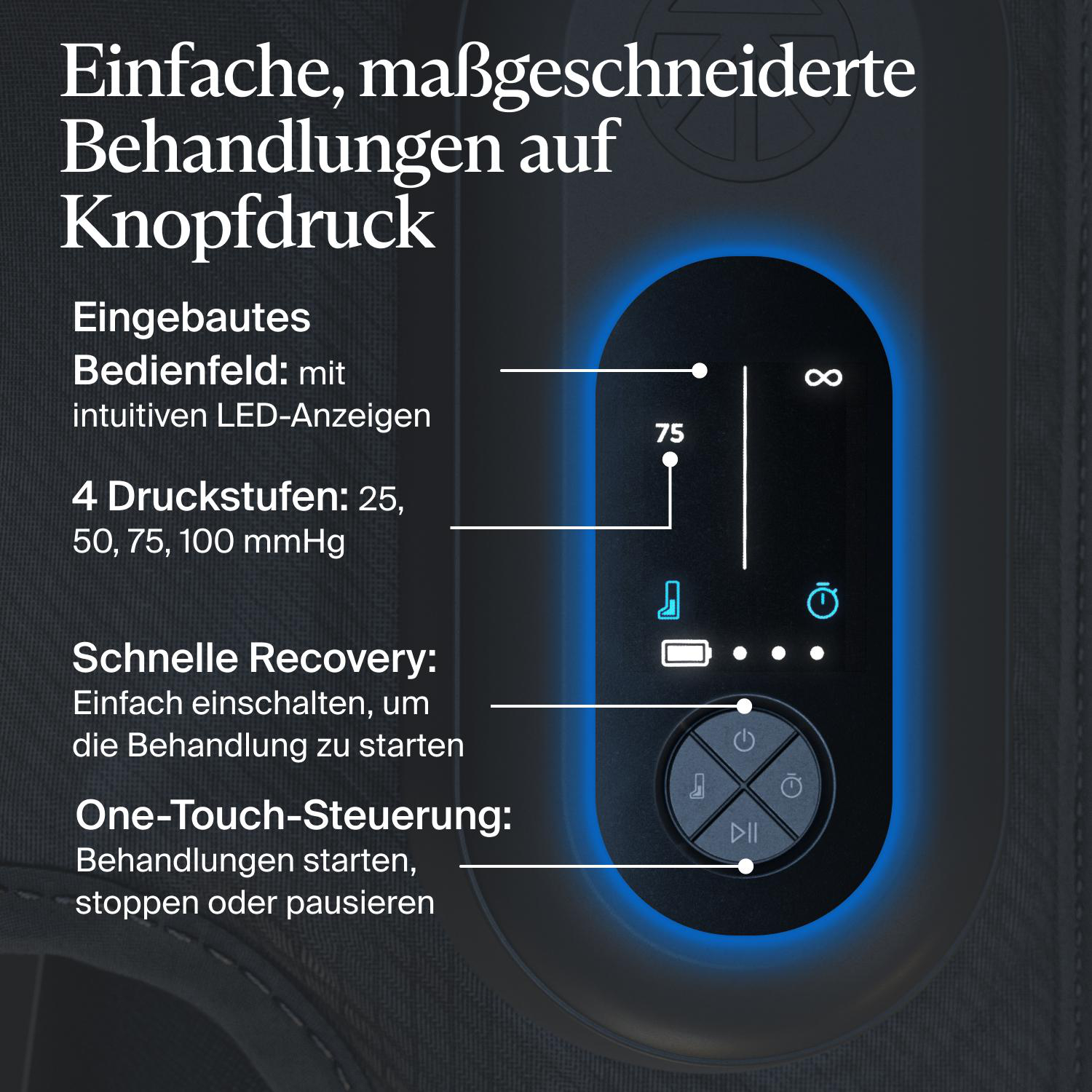 Bedienfeld mit blauer LED-Beleuchtung, runden Tasten und deutscher Erklärtext.