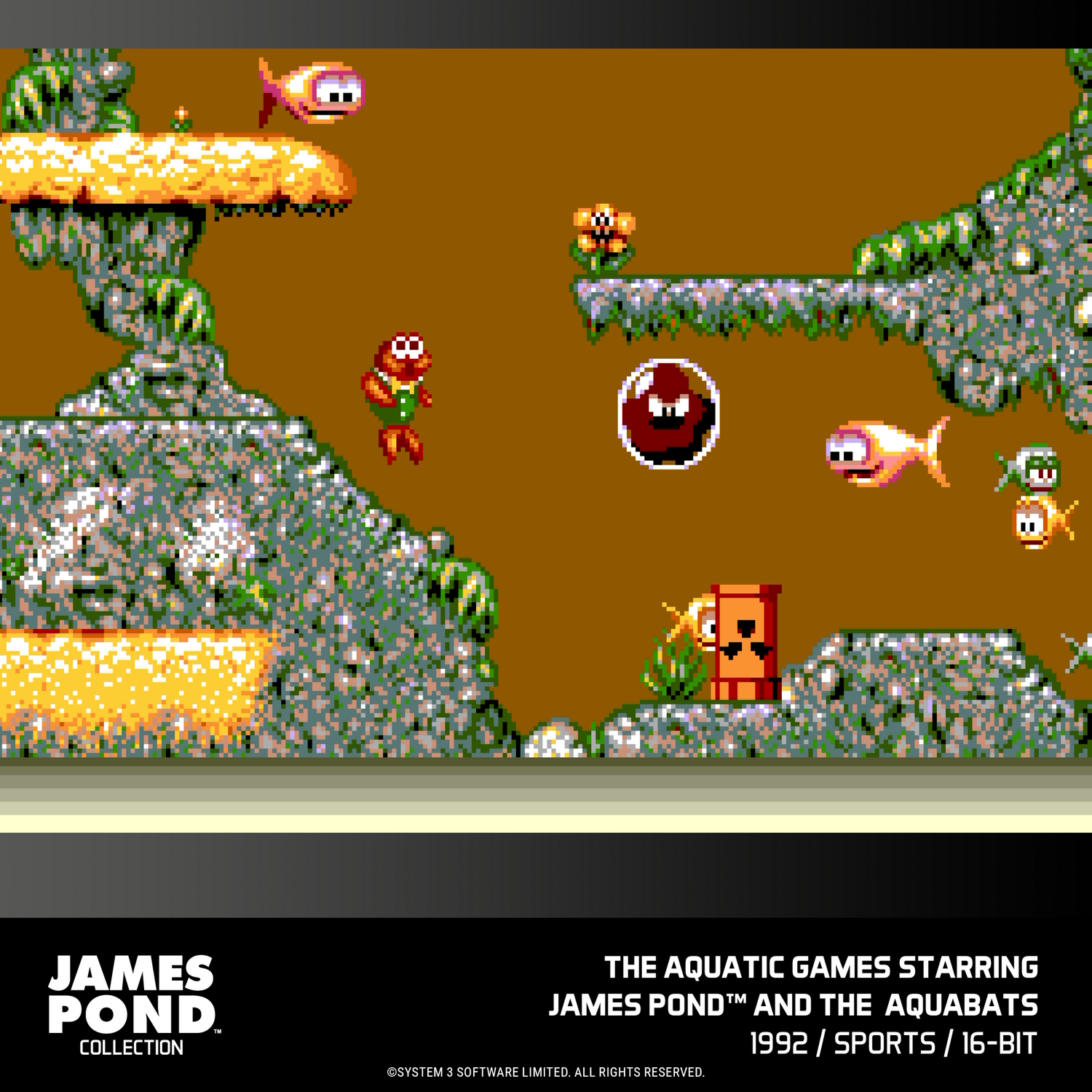 Escena de juego submarino de arte en píxeles con peces, burbuja flotante y plataformas.