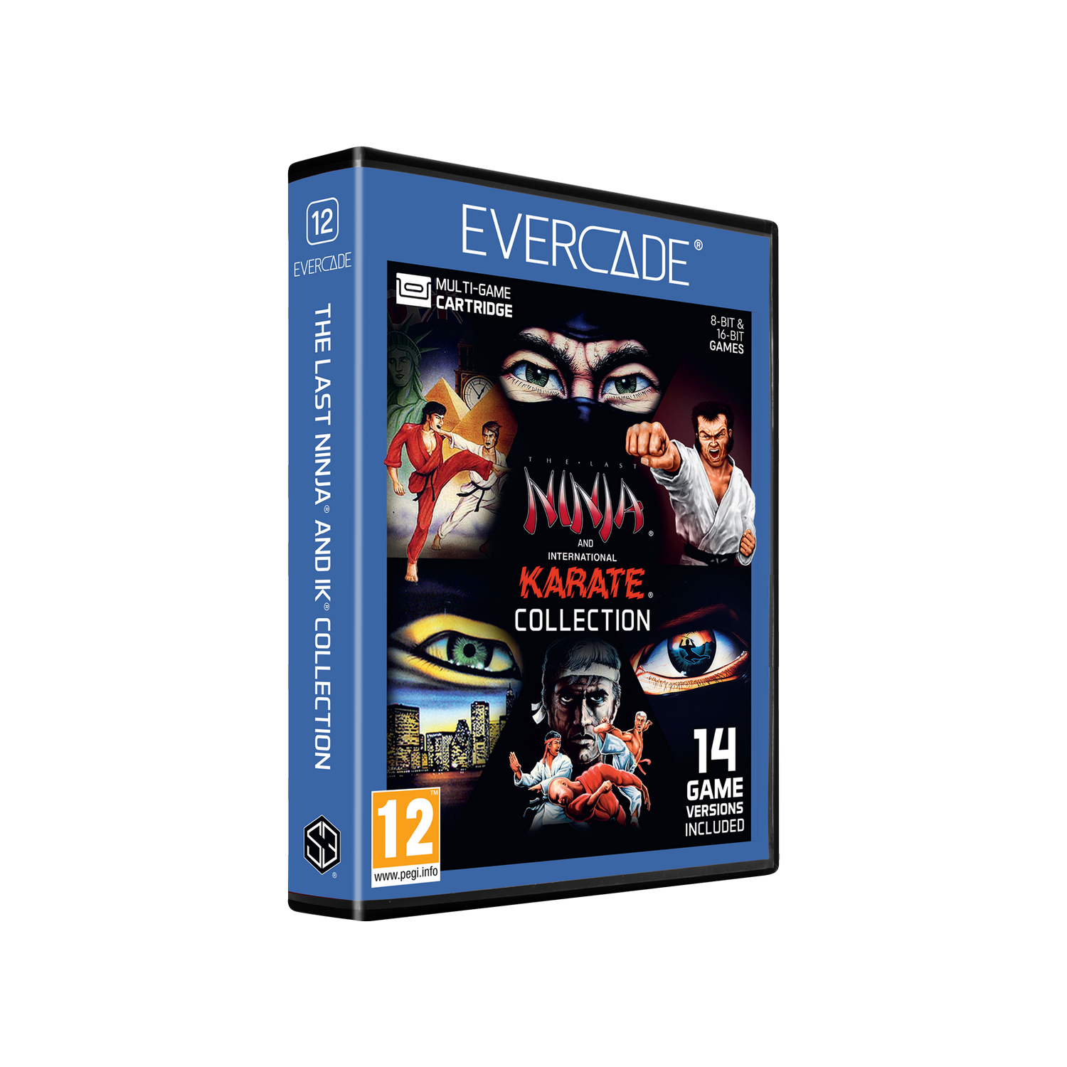 Caja de juego Evercade con imágenes de artes marciales para The Last Ninja e International Karate.