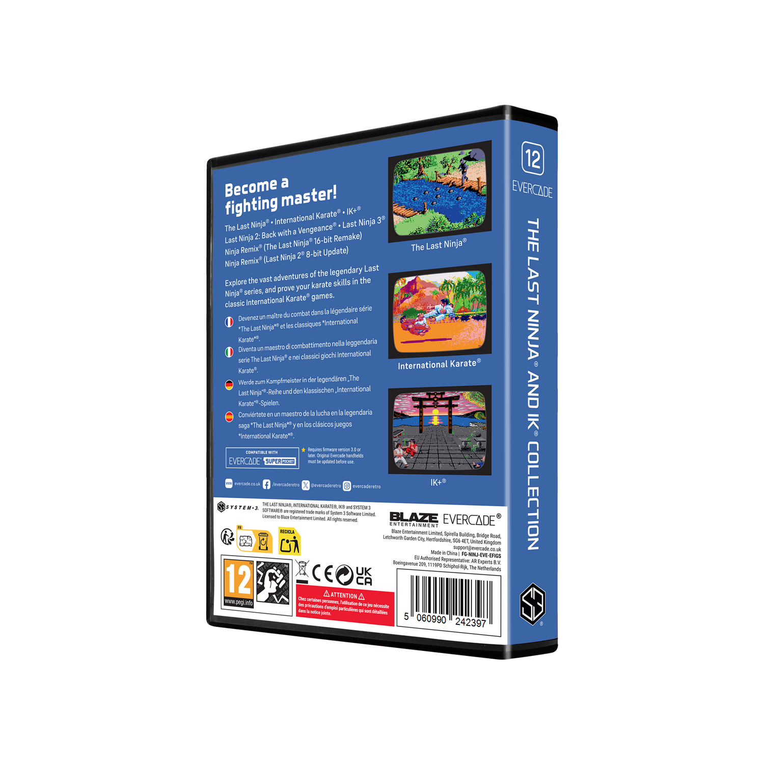 Parte trasera de la caja del juego Evercade con detalles del juego y capturas de pantalla.