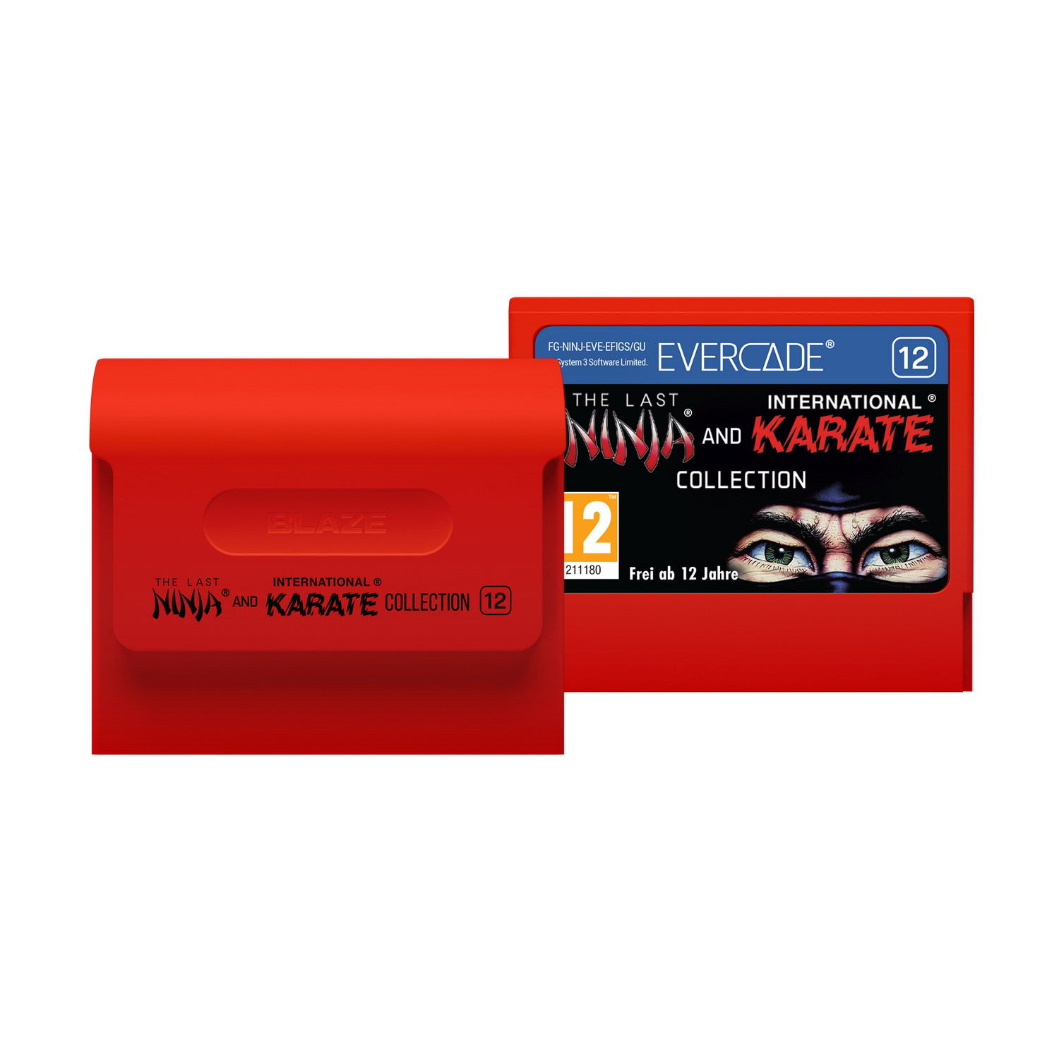 Cartucho de juego Evercade para 'The Last Ninja and Karate Collection' con estuche rojo sobre fondo negro.