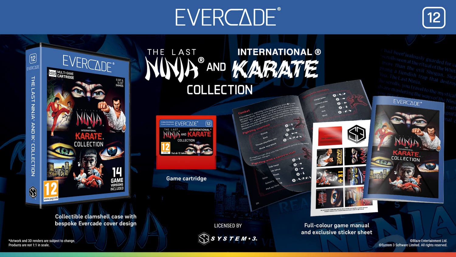 Colección de juegos de Evercade con estuche, cartucho, manual y pegatinas sobre artes marciales.