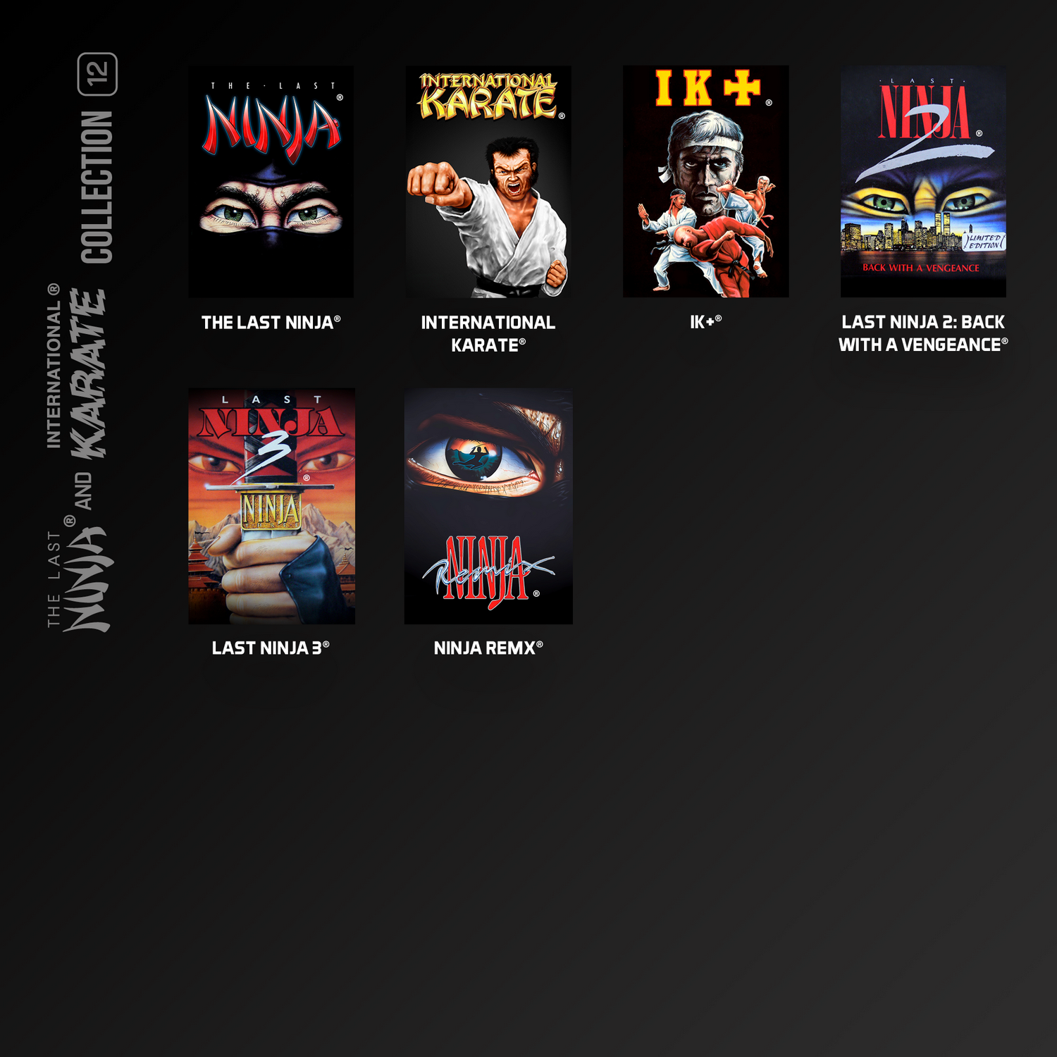 Una colección de seis portadas de juegos de ordenador retro con temas de ninjas y kárate.