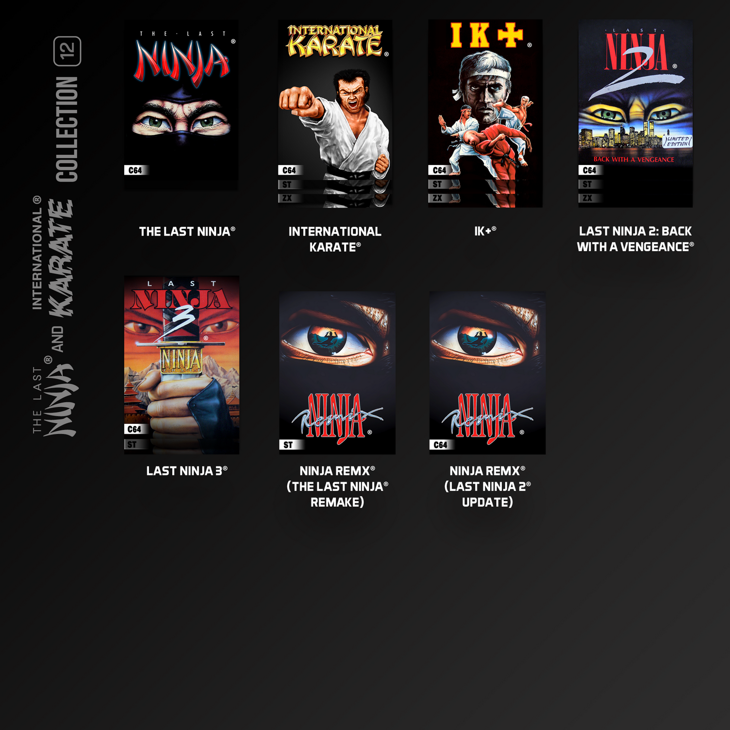 Colección de seis juegos de ordenador retro con portadas de ninjas y artes marciales.
