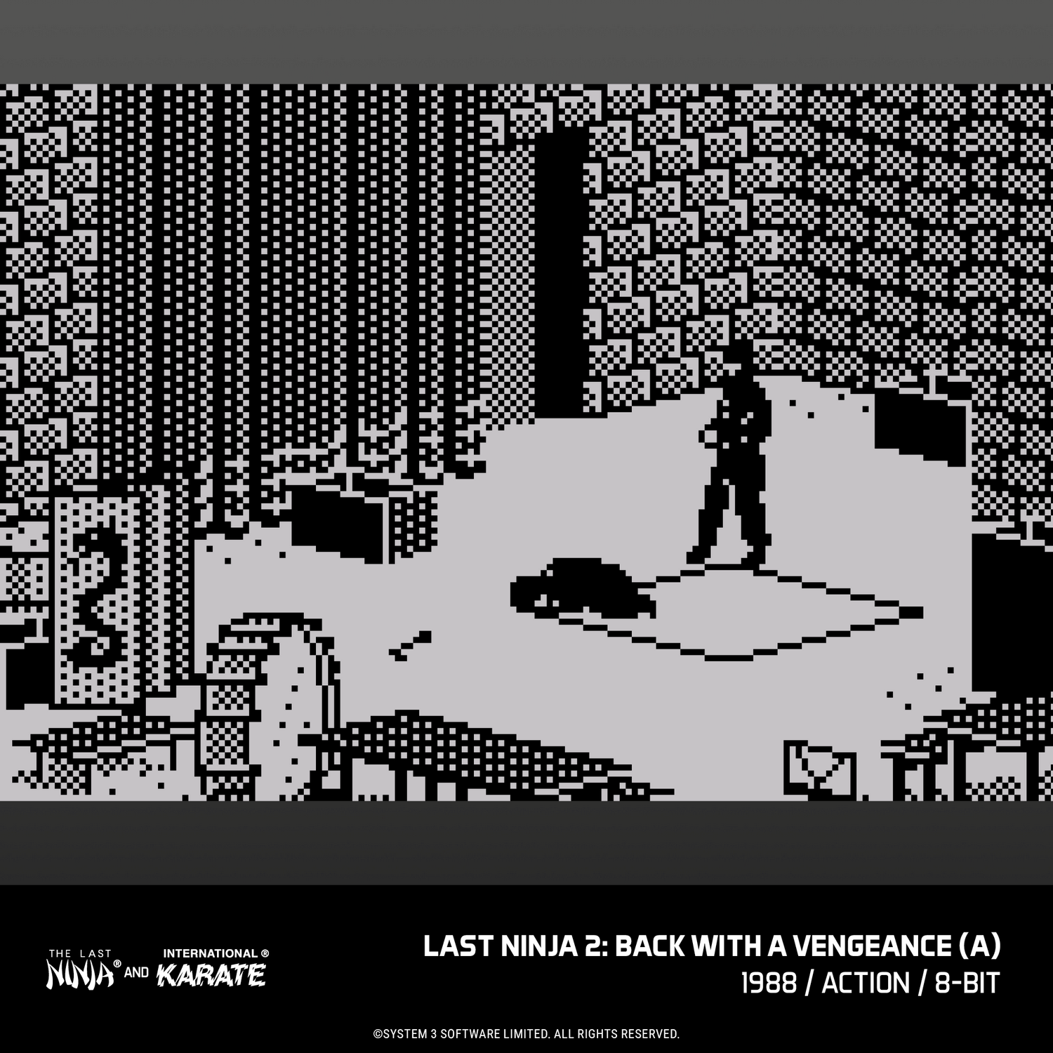 Una captura de pantalla pixelada en blanco y negro de Last Ninja 2 que muestra un personaje y un enemigo.