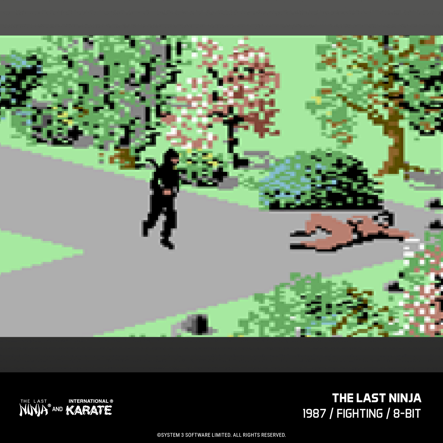 Escena de juego en píxeles con un ninja de pie y una figura caída en un sendero de parque con árboles.