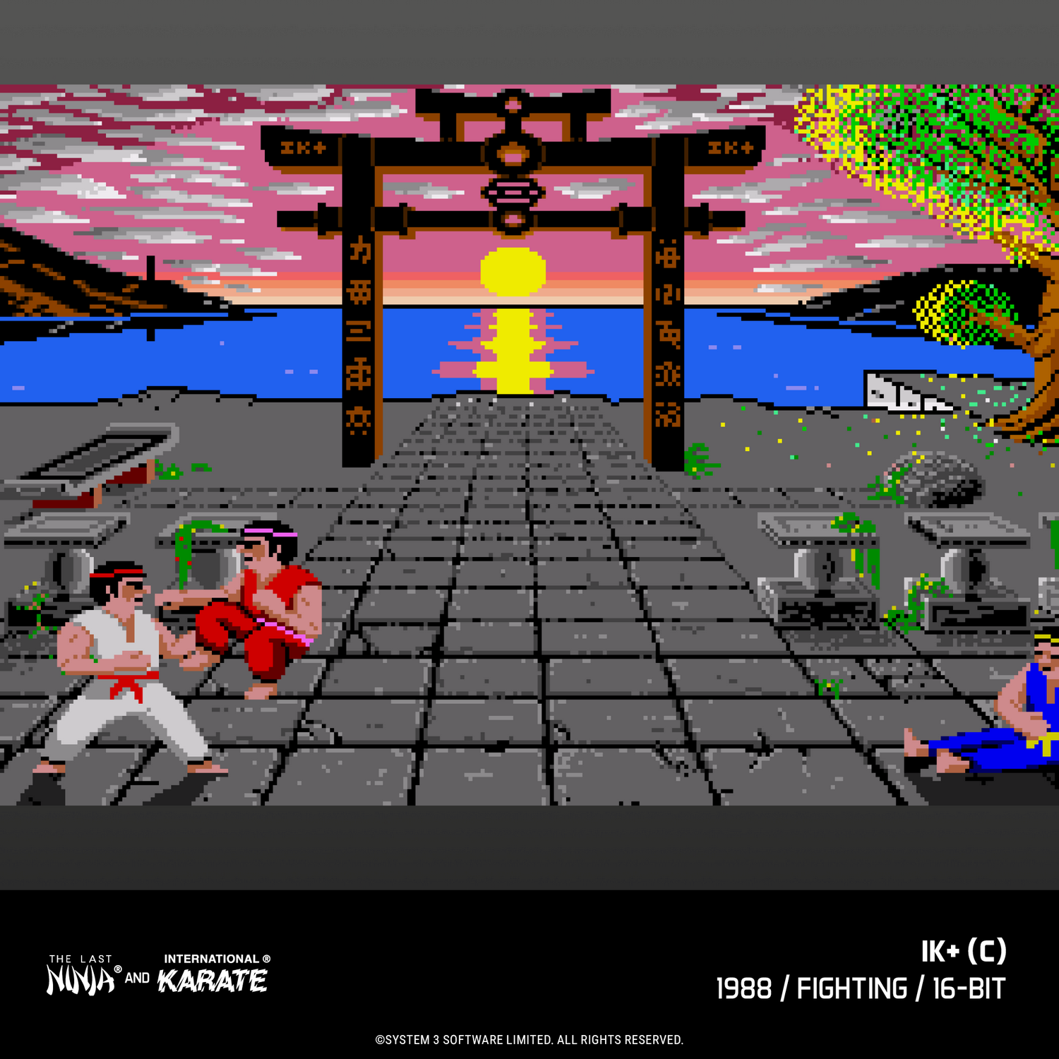 Escena de pixel art de artistas marciales peleando en un camino de piedra ante un atardecer con un arco.