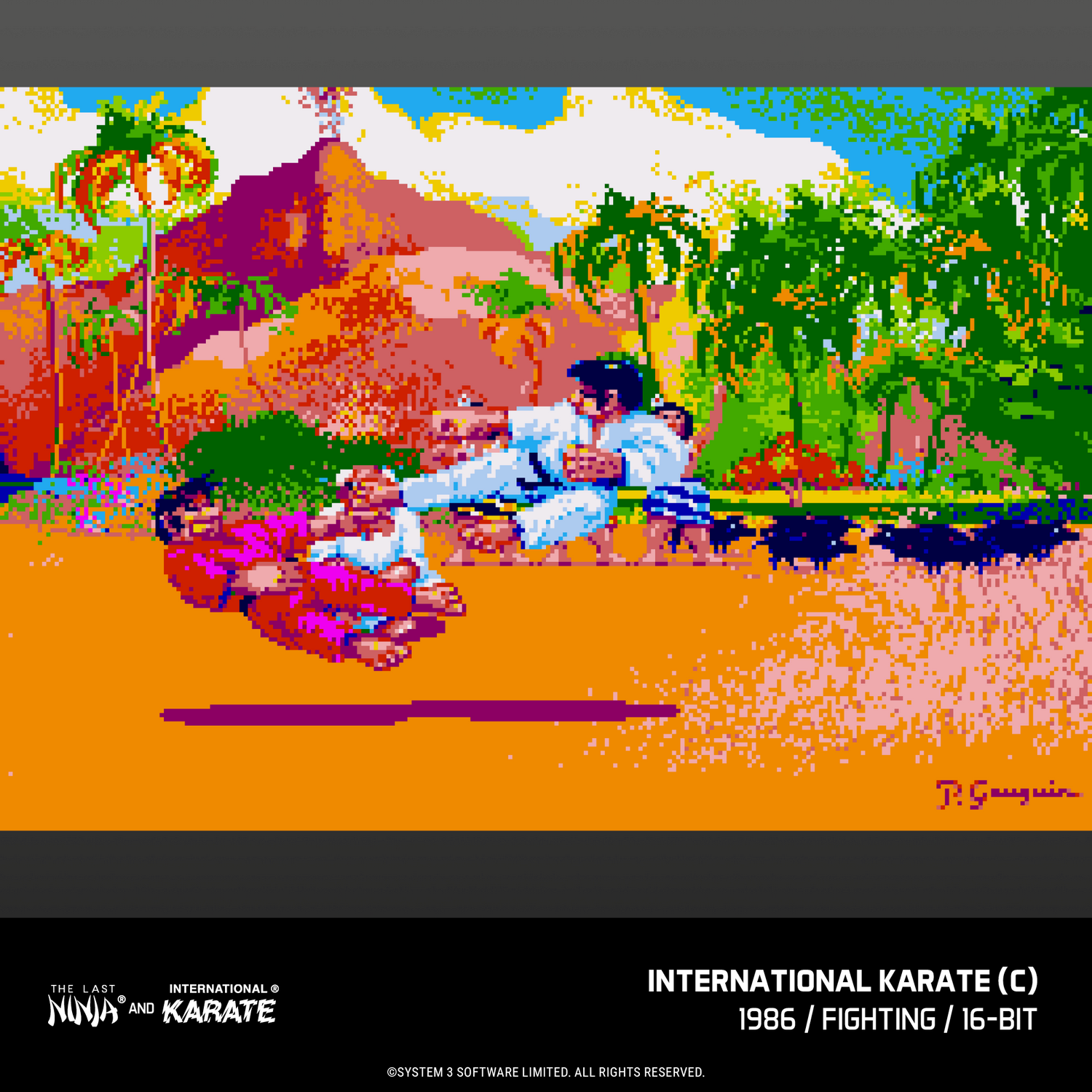 Escena de arte pixelado de dos luchadores de karate frente a un paisaje montañoso tropical con palmeras.