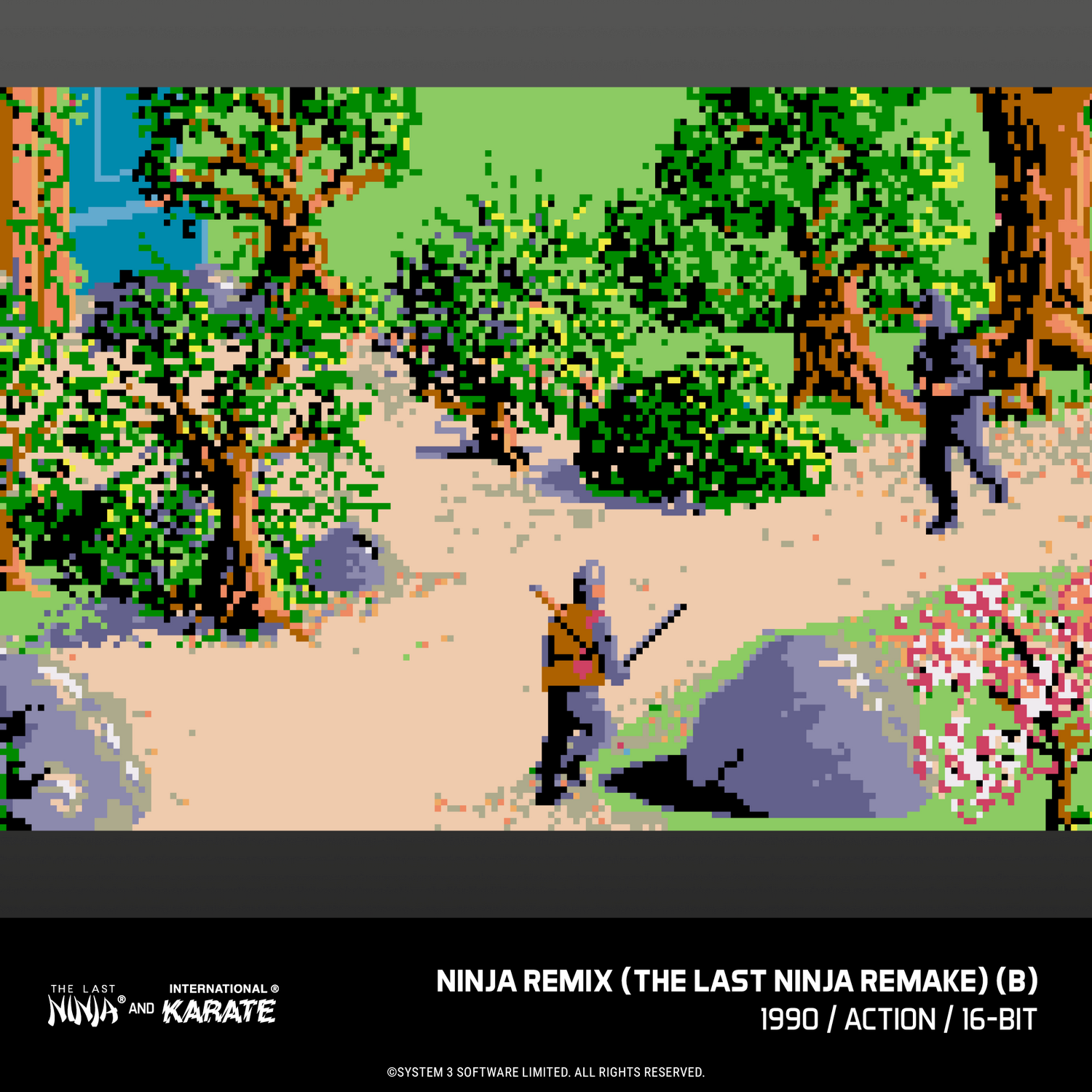 Escena de videojuego pixelada con dos ninjas en un sendero boscoso.