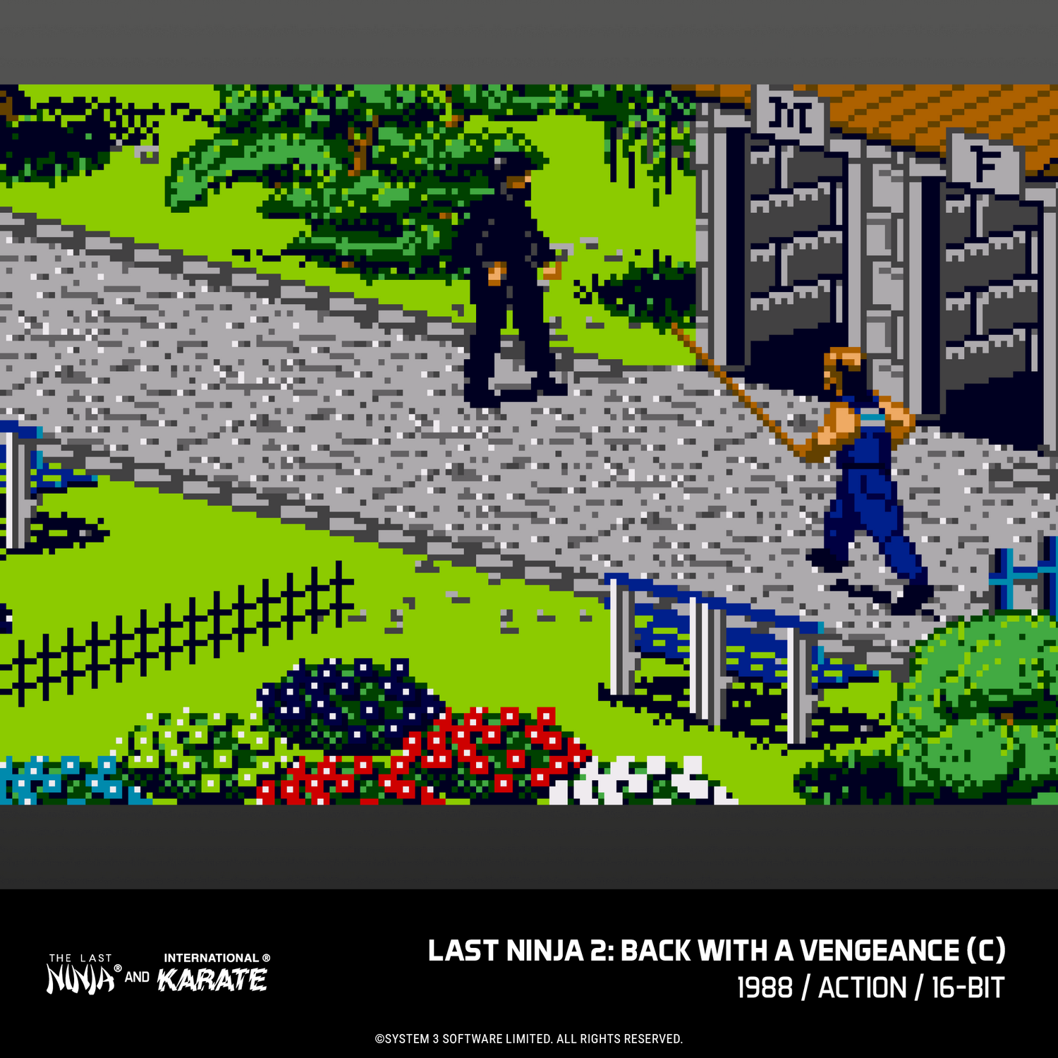 Escena de pixel art de Last Ninja 2 con dos personajes en un camino de piedra al aire libre.