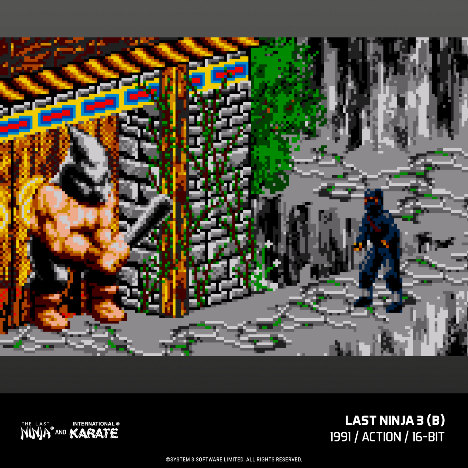 Escena de juego de arte pixelado con un guerrero musculoso cerca de un muro de piedra y un ninja.