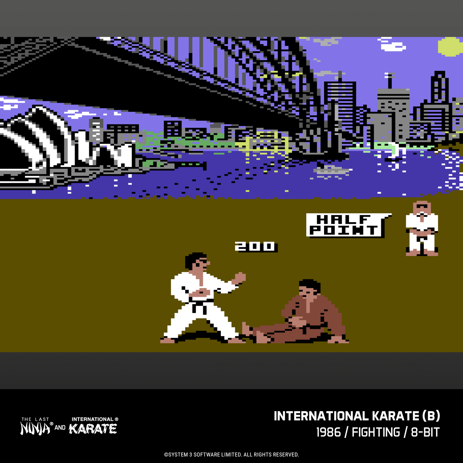 Escena de kárate en 8 bits con dos luchadores, marcador y fondo del horizonte de Sídney.
