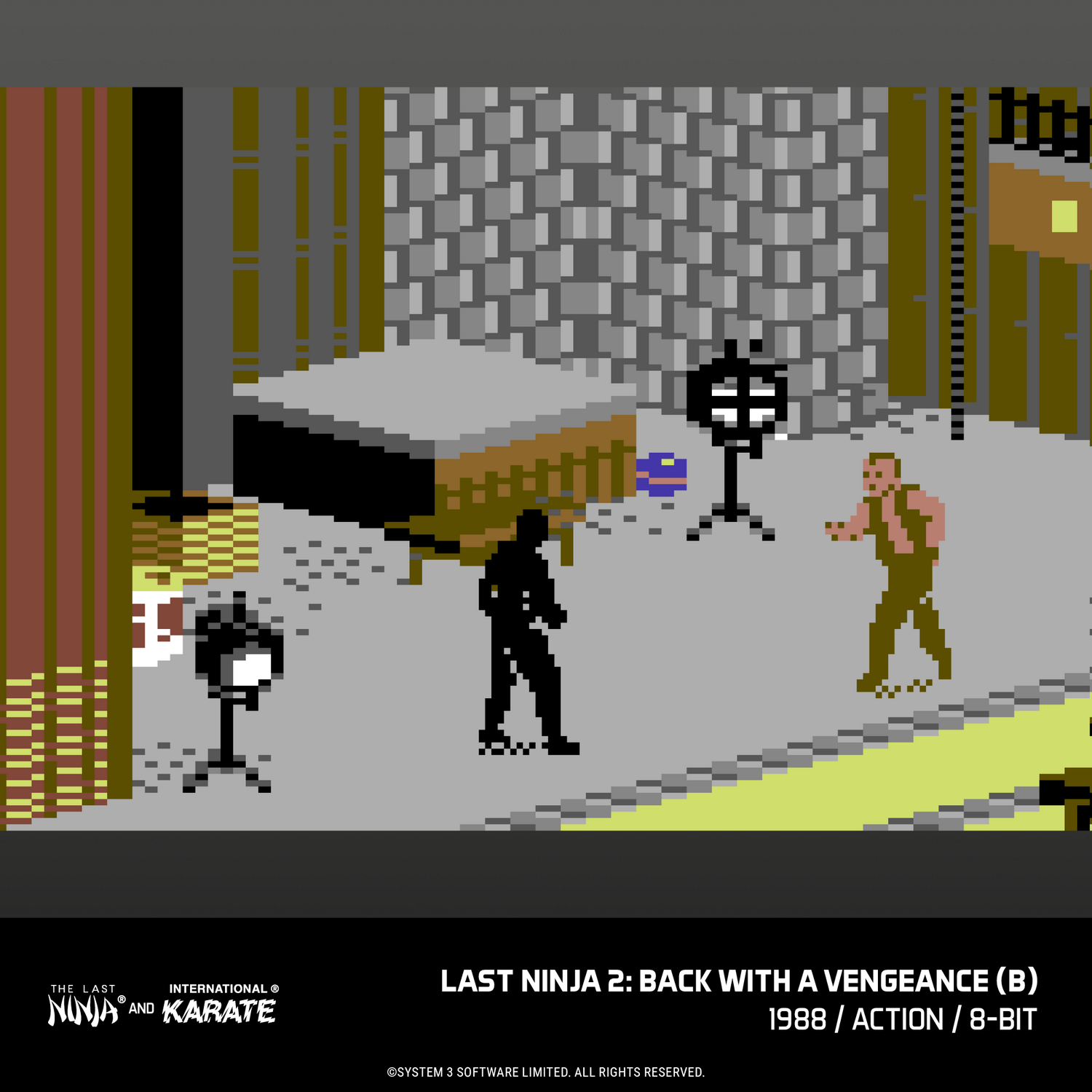 Escena pixelada de Last Ninja 2 con dos personajes en un patio.