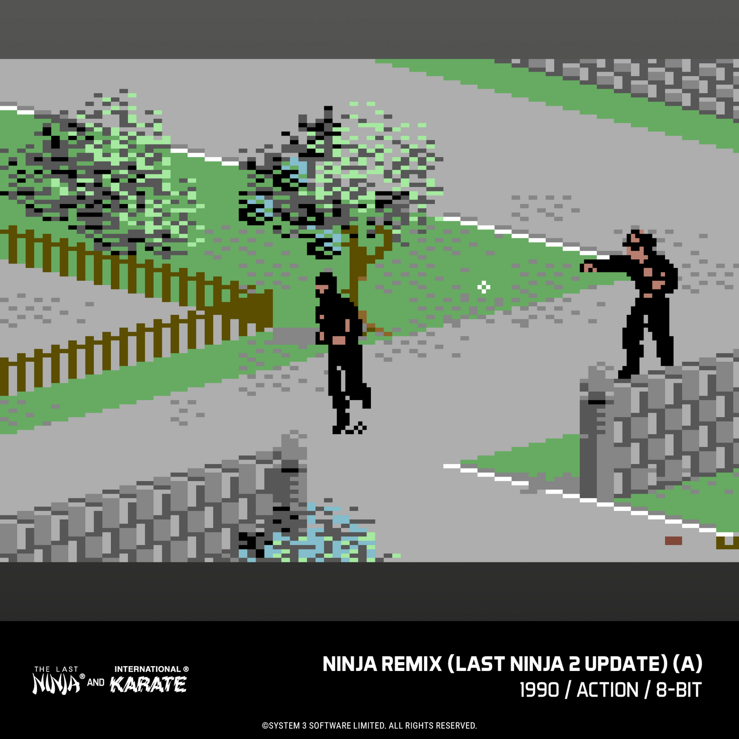 Vista pixelada de 8 bits de un ninja al aire libre con árboles, cercas y muros de piedra gris.