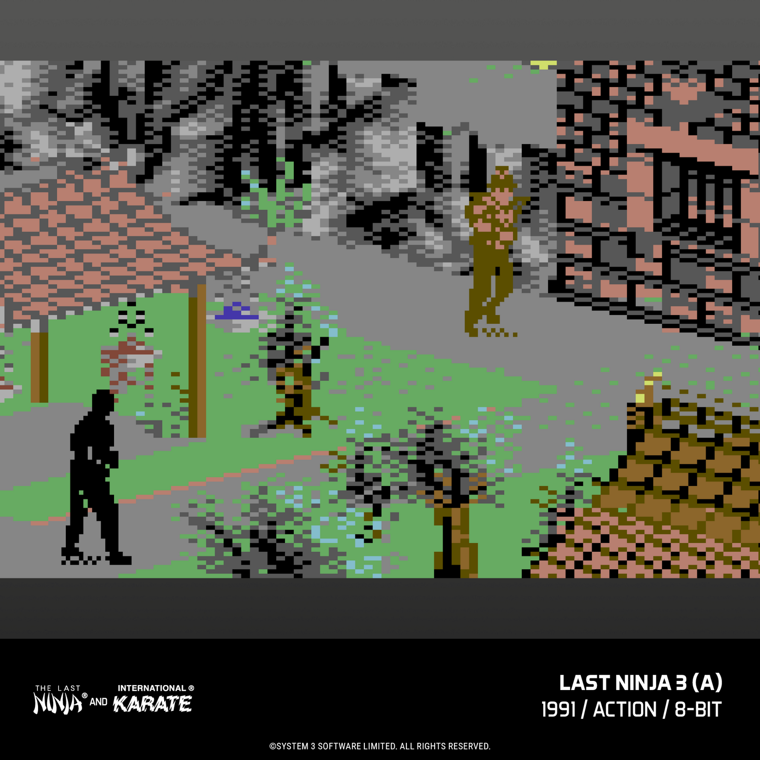Escena de videojuego pixelada con una figura ninja ante un edificio gris y césped verde.