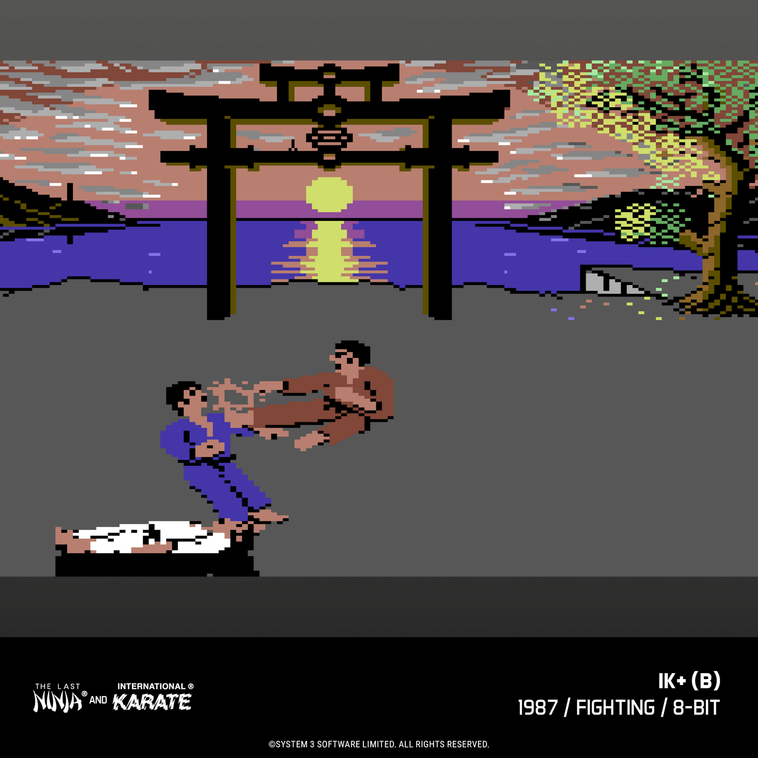 Escena de pixel art de dos luchadores de karate peleando frente a un torii y un atardecer.