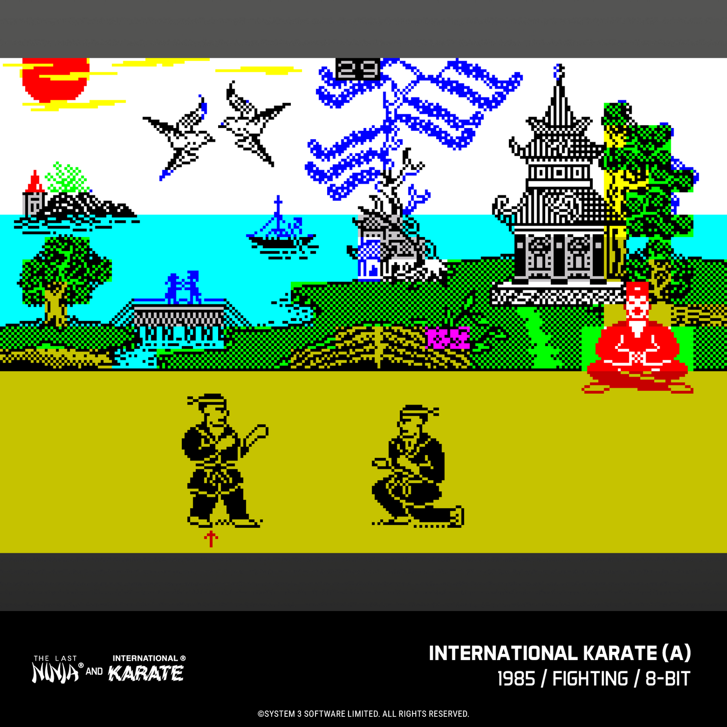 Escena pixelada de 8 bits con dos ninjas luchando en primer plano ante un paisaje con pagoda, mar y barco.