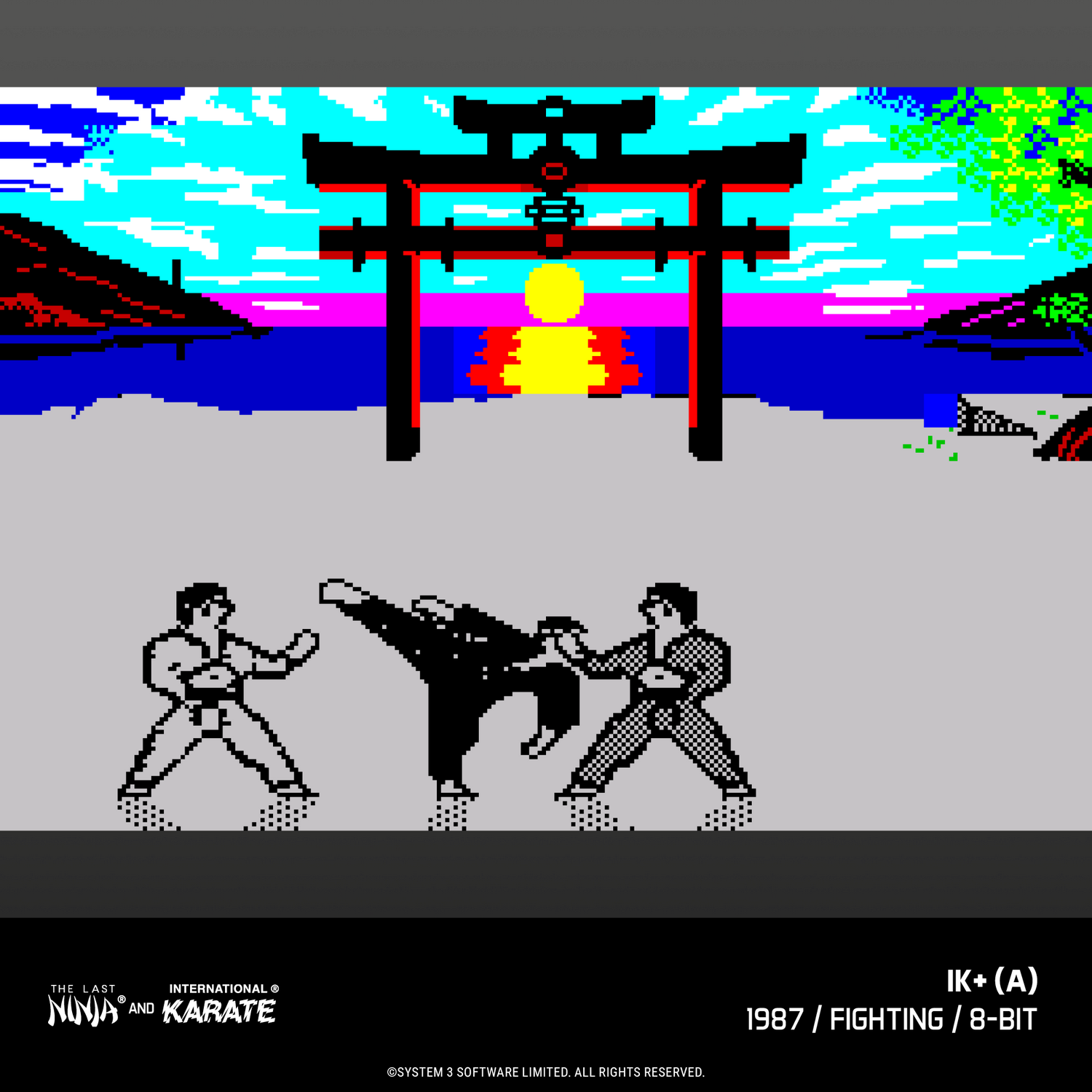 Escena de arte en píxeles de tres luchadores de kárate ante una puerta torii y la puesta de sol.