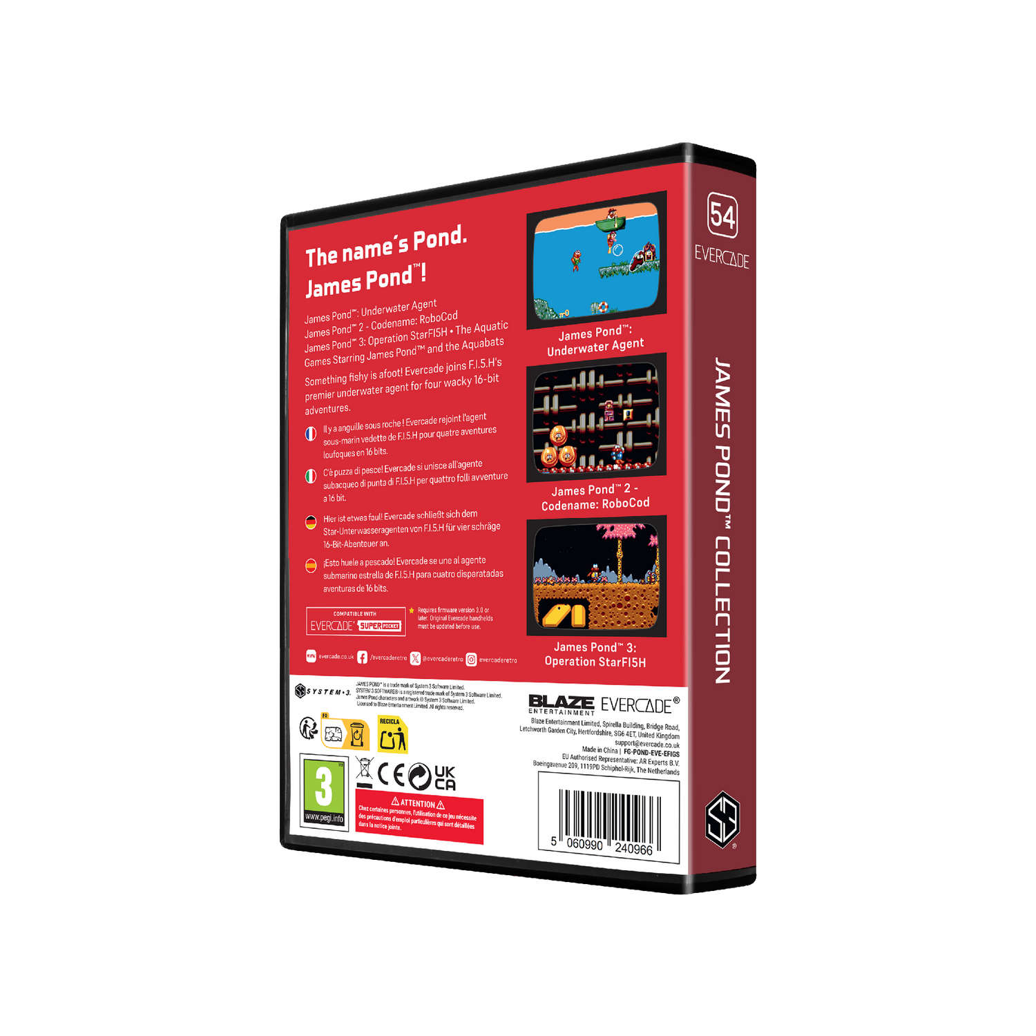 Caja de juego roja Evercade James Pond Collection con capturas de pantalla y texto.