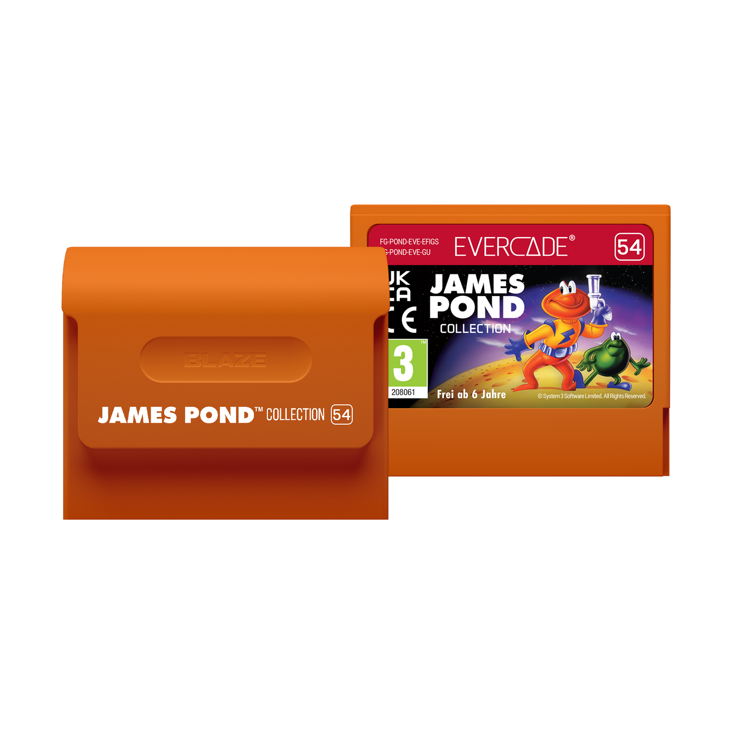 Dos cartuchos de juego naranjas Evercade de la colección James Pond sobre fondo negro.